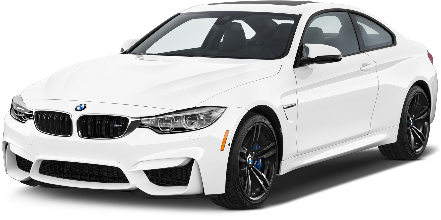BMW 動圖 桌布 壁紙 — 一輛純白色的BMW M4雙門轎跑車，帶有黑色飾件和藍色制動卡鉗，在純黑色背景下格外突出。
