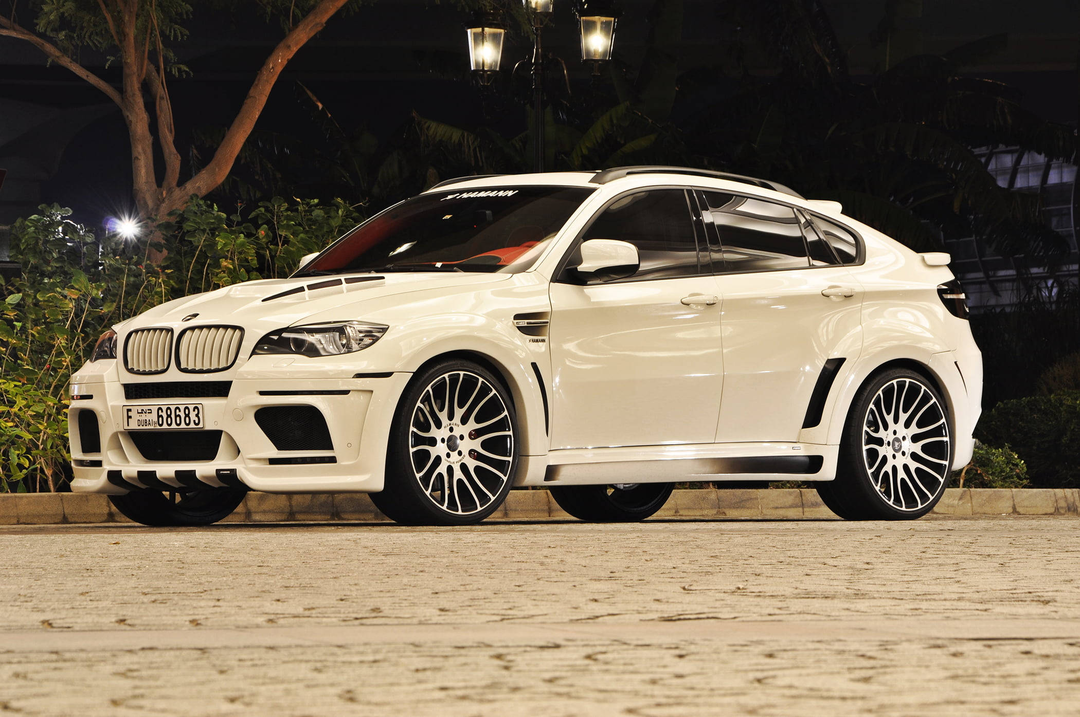 m 桌布 壁紙 — 一輛純白色的BMW X6M運動型多功能車在夜燈下閃閃發光，停泊在石砌車道上，周圍環繞著茂密的綠植。