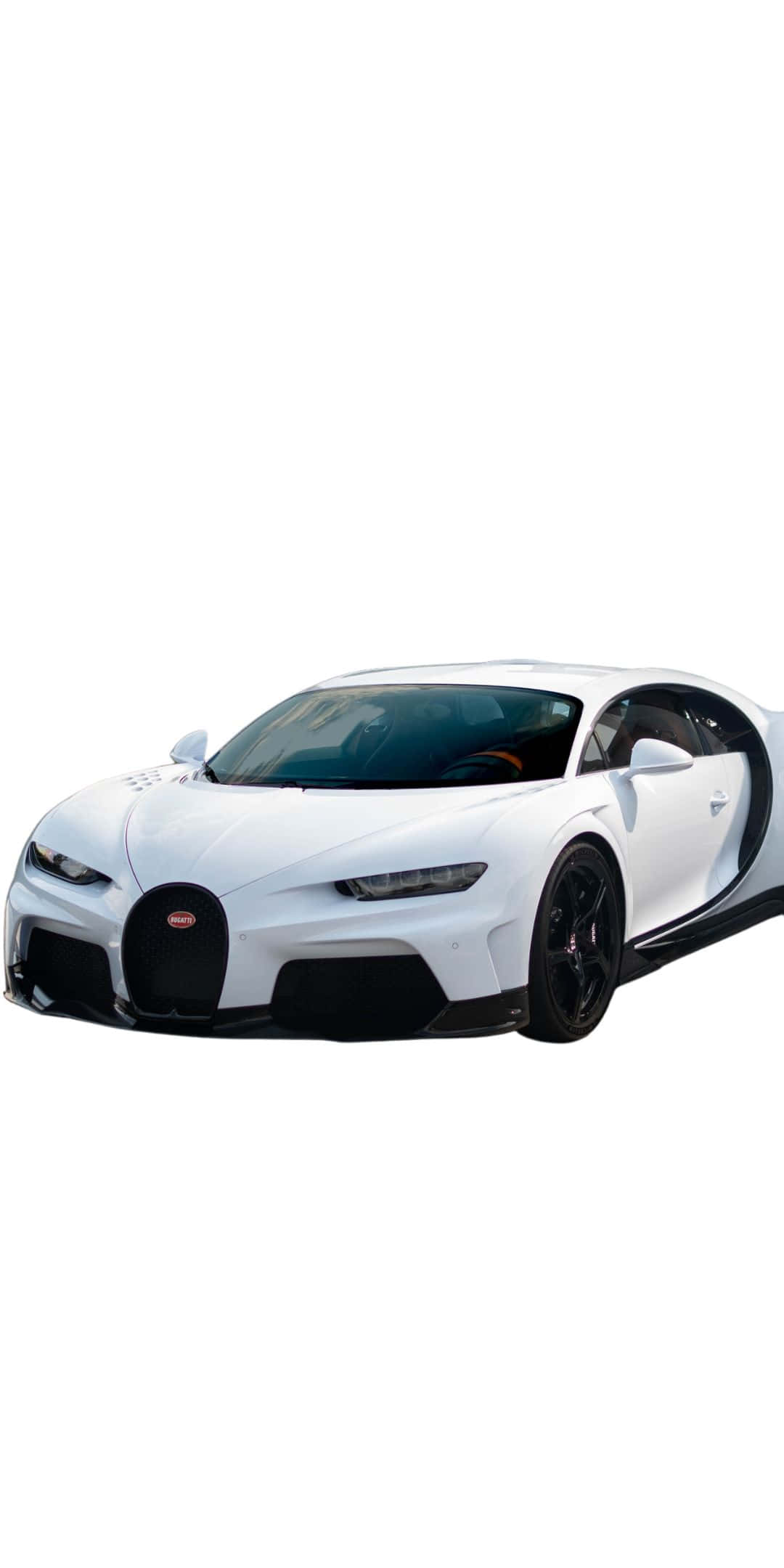 布加迪 桌布 壁紙 — 一輛純白色的Bugatti Chiron跑車，帶有黑色飾件和打開的剪刀門，背景為純白色。