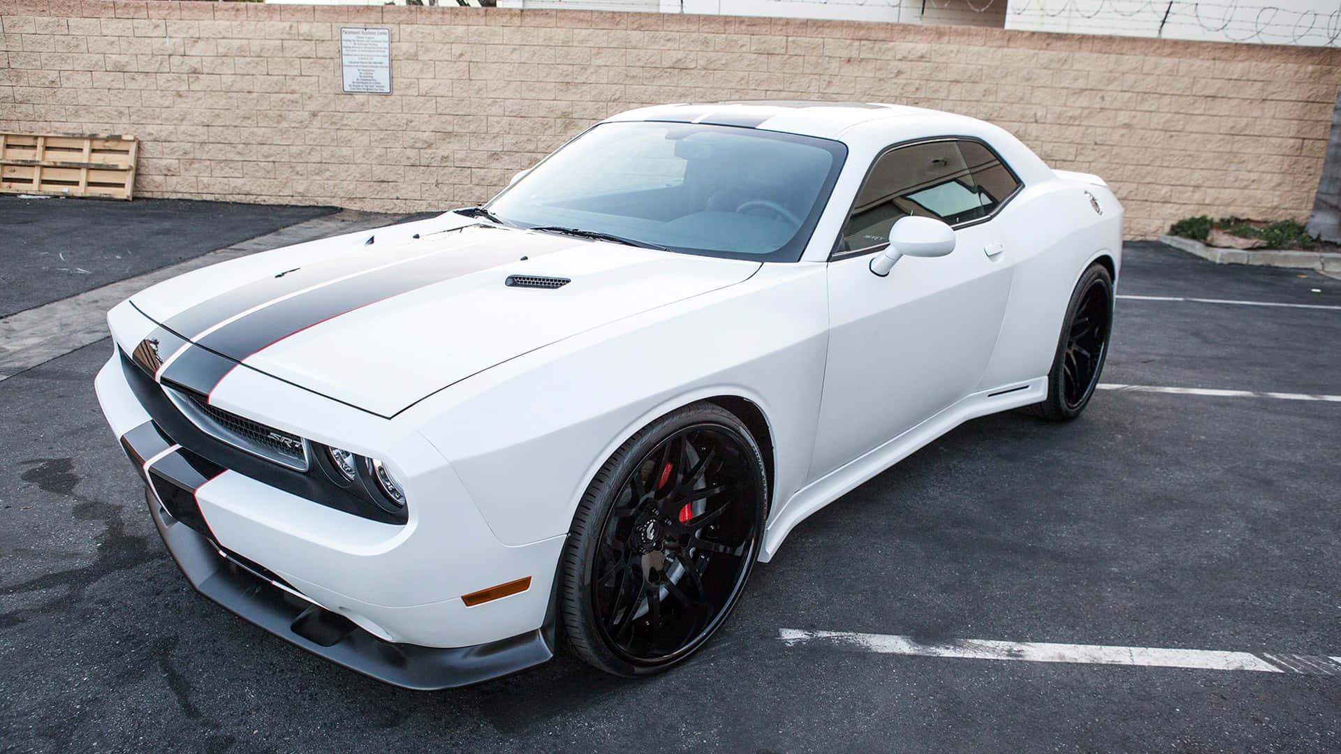 Hellcat 桌布 壁紙 — 一輛純白色的Dodge Challenger，帶有黑色賽車條紋和黑色車輪，停在瀝青停車場，背景是米色磚牆。