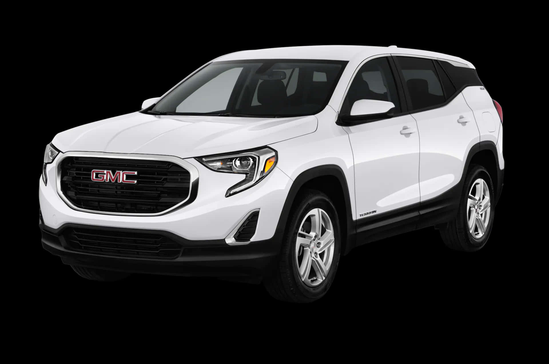 Gmc Terrain 桌布 壁紙 — 一輛純白色的GMC Terrain SUV在純黑背景下展示，突顯其時尚現代設計和鍍鉻裝飾。