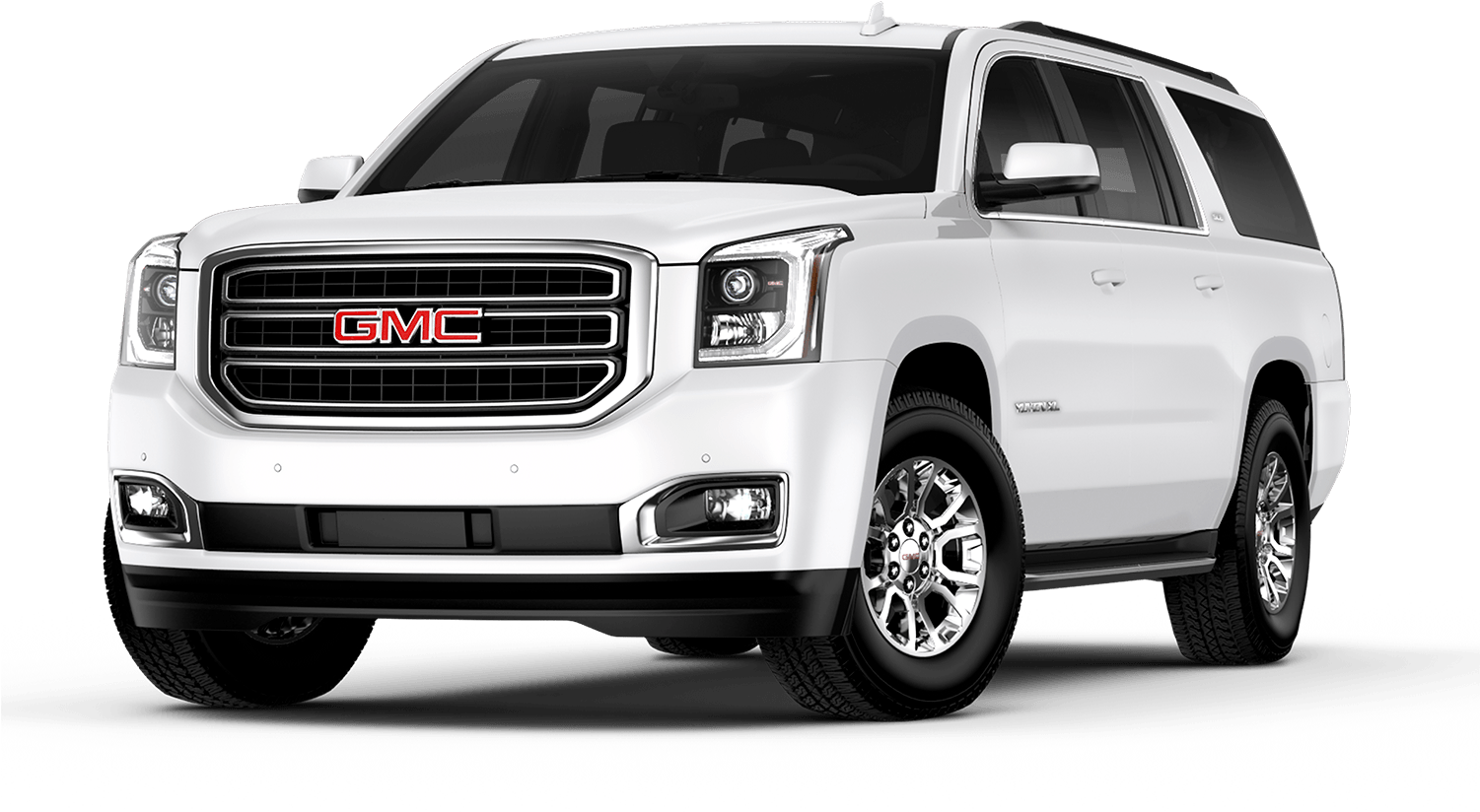 GMC 桌布 壁紙 — 一輛純白色的GMC Yukon SUV在純黑色背景襯托下展示，配備鍍鉻飾件和精緻合金輪圈。