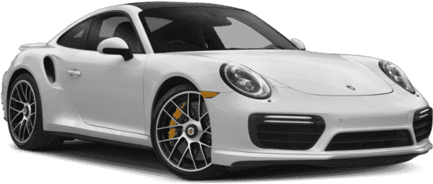 保時捷 桌布 壁紙 — 一輛純白色的保時捷 911 Turbo S 跑車，帶有黑色飾件和金色制動卡鉗，在攝影棚燈光下展示。
