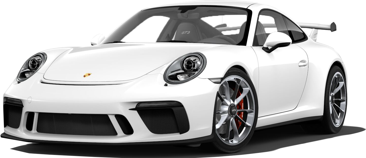 保時捷 桌布 壁紙 — 一輛純白色的保時捷911 GT3跑車，配備紅色制動卡鉗和後擾流板，在黑色背景的攝影棚燈光下展示。