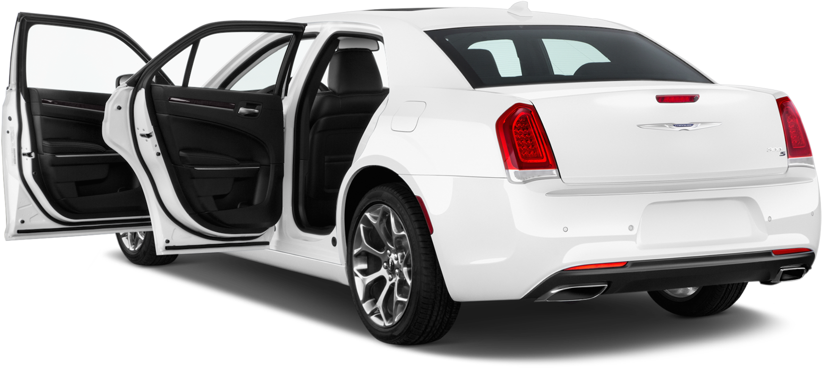克萊斯勒 桌布 壁紙 — 一輛純白色的克萊斯勒轎車，所有車門敞開，在純黑背景下展示其黑色內裝。