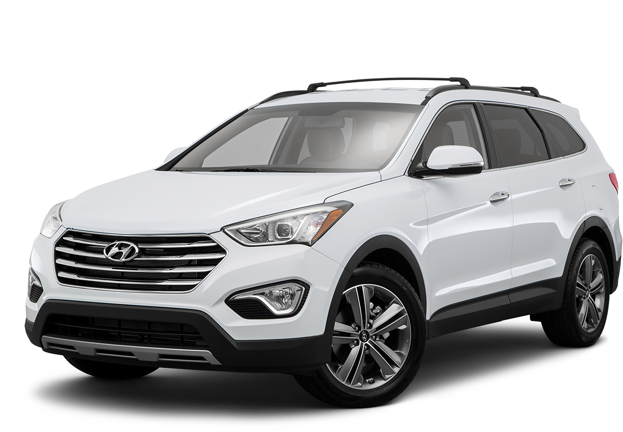 Hyundai 桌布 壁紙 — 一輛純白色的現代Santa Fe SUV，在攝影棚燈光下展示，線條簡潔，帶有鍍鉻飾邊。