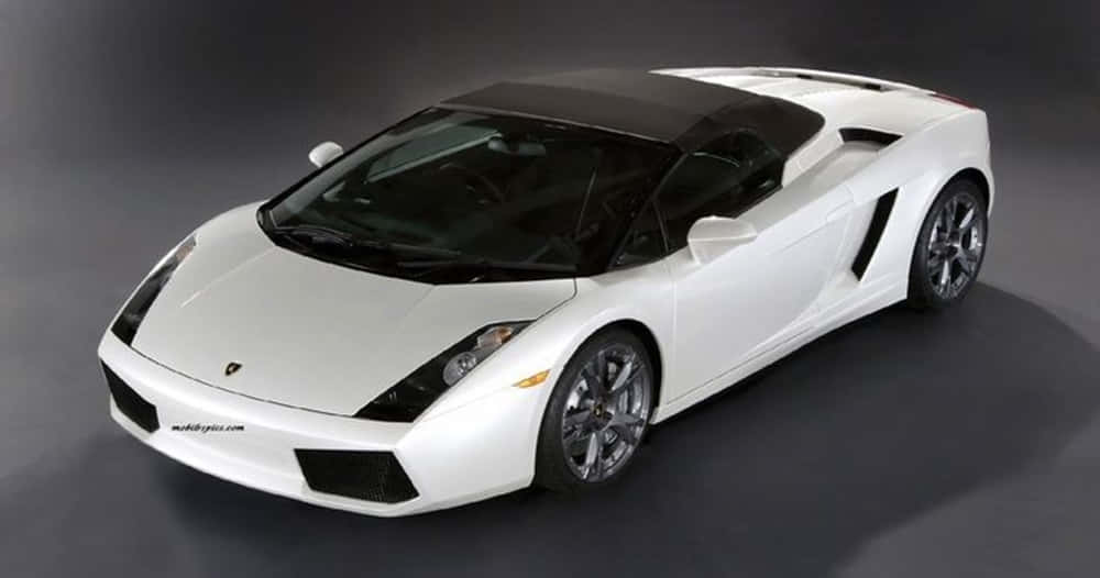 Car Model 桌布 壁紙 — 一輛純白色的藍寶堅尼 Gallardo Spyder 敞篷跑車，配備黑色車頂和車輪，在攝影棚內以戲劇性燈光拍攝。
