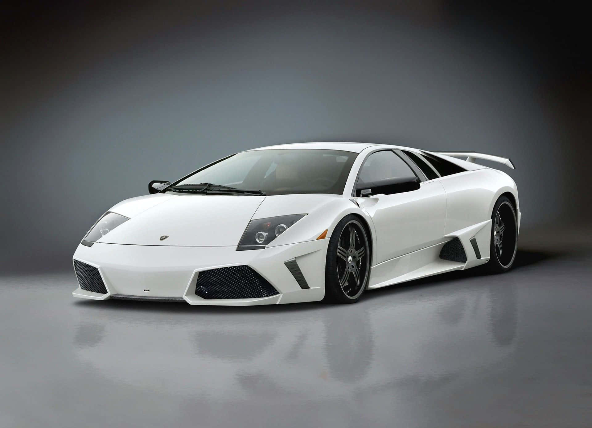 Lamborghini Murciélago 桌布 壁紙 — 一輛純白色的藍寶堅尼 Murciélago 跑車在攝影棚燈光下，於反光的灰色地板上閃閃發光。
