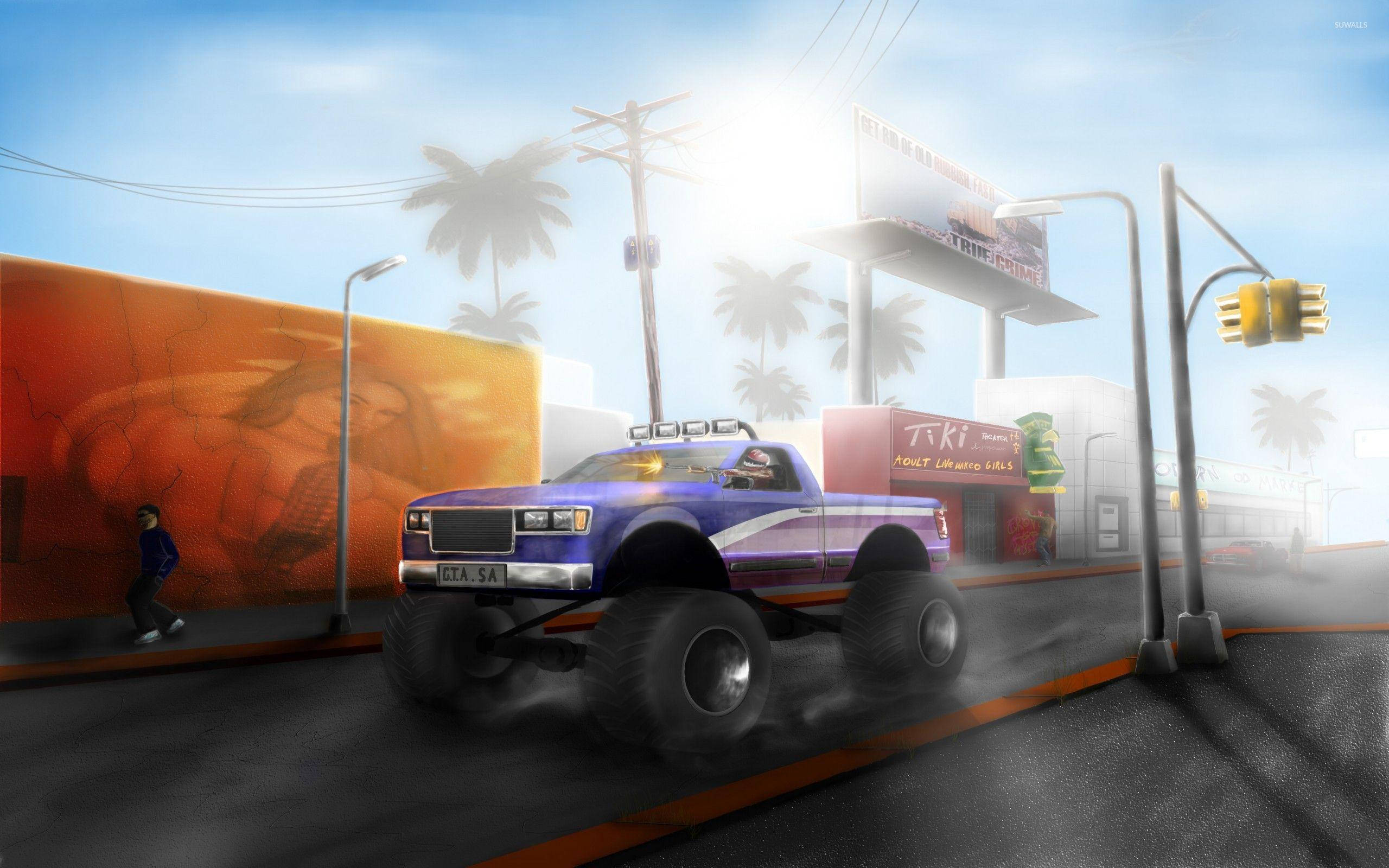 GTA 聖安地列斯 桌布 壁紙 — 一輛紫色巨型輪胎怪獸卡車在陽光明媚的市區街道上轟鳴，兩旁有棕櫚樹和塗鴉牆。