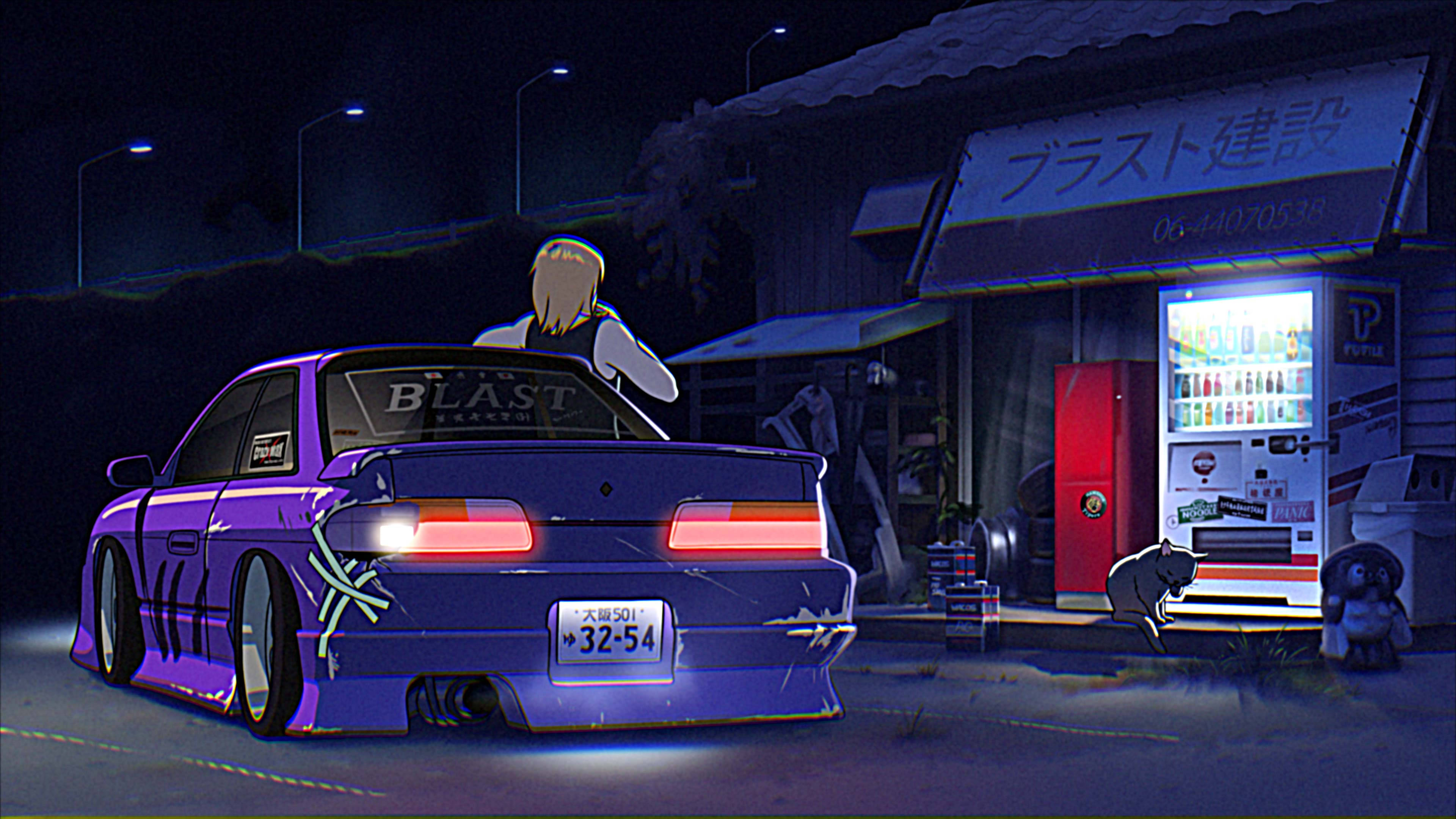 cars 桌布 壁紙 — 一輛紫色改裝跑車，帶有發光的尾燈，停放在夜晚霓虹燈照亮的日本加油站，後面站著一個孤獨的身影。