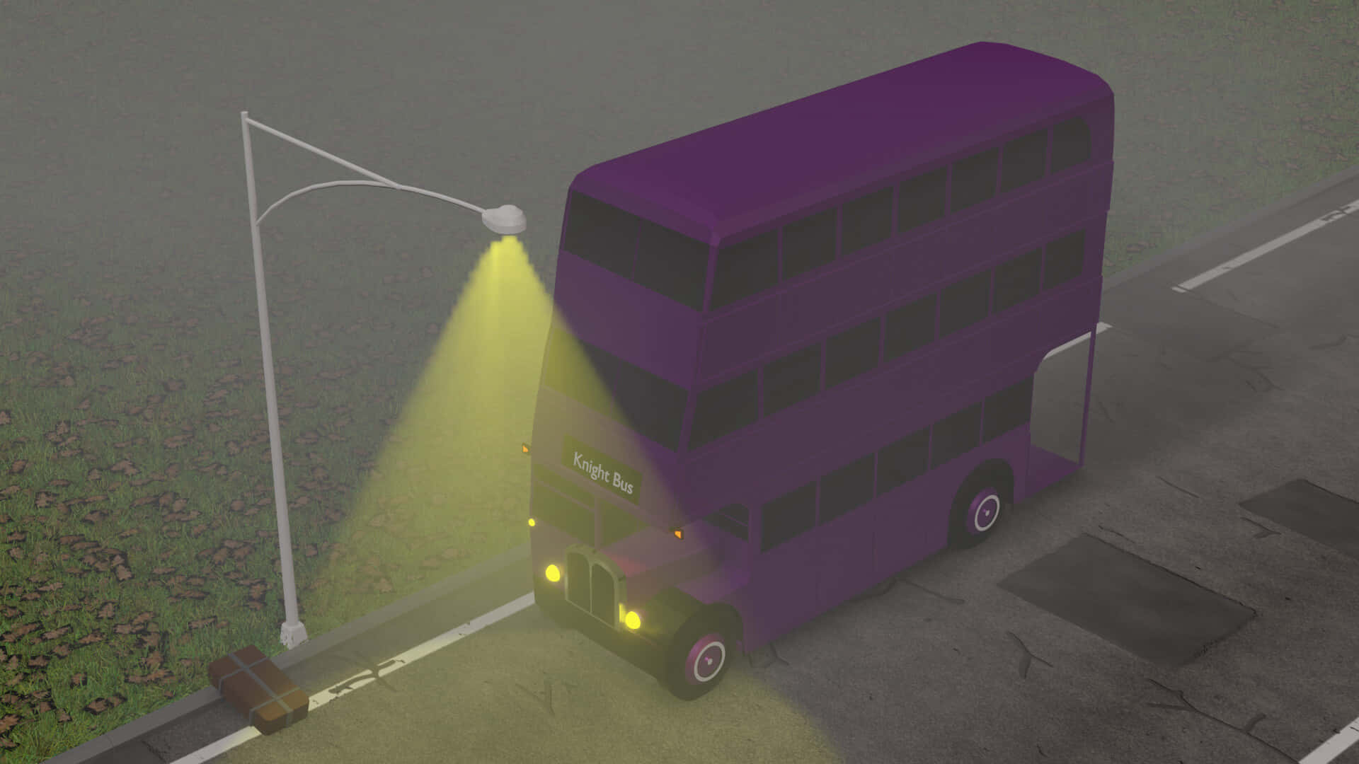 The Hogwarts Knight Bus Stop 桌布 壁紙 — 一輛紫色的雙層巴士，上面寫著 Knight Bus，在夜晚被路燈照亮，停在霧氣瀰漫的路邊。