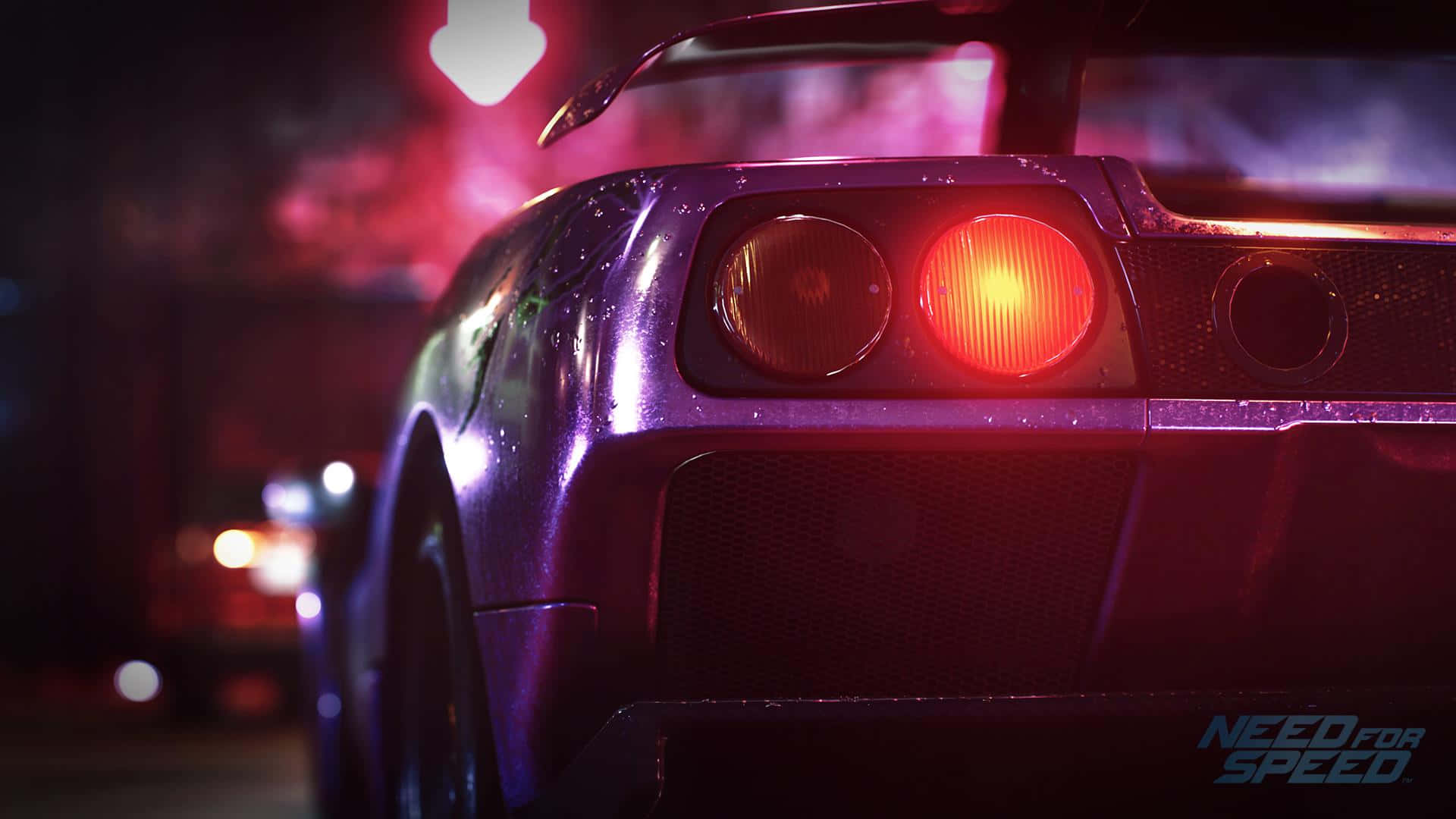 Light 桌布 壁紙 — 一輛紫色跑車的紅色尾燈在夜間閃耀，背景是模糊的霓虹城市景觀。