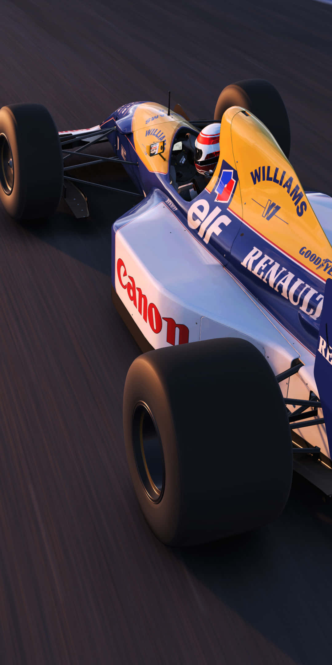 F1 2016 桌布 壁紙 — 一輛經典威廉斯F1賽車在溫暖的金色光線下，在模糊的瀝青賽道上飛馳。