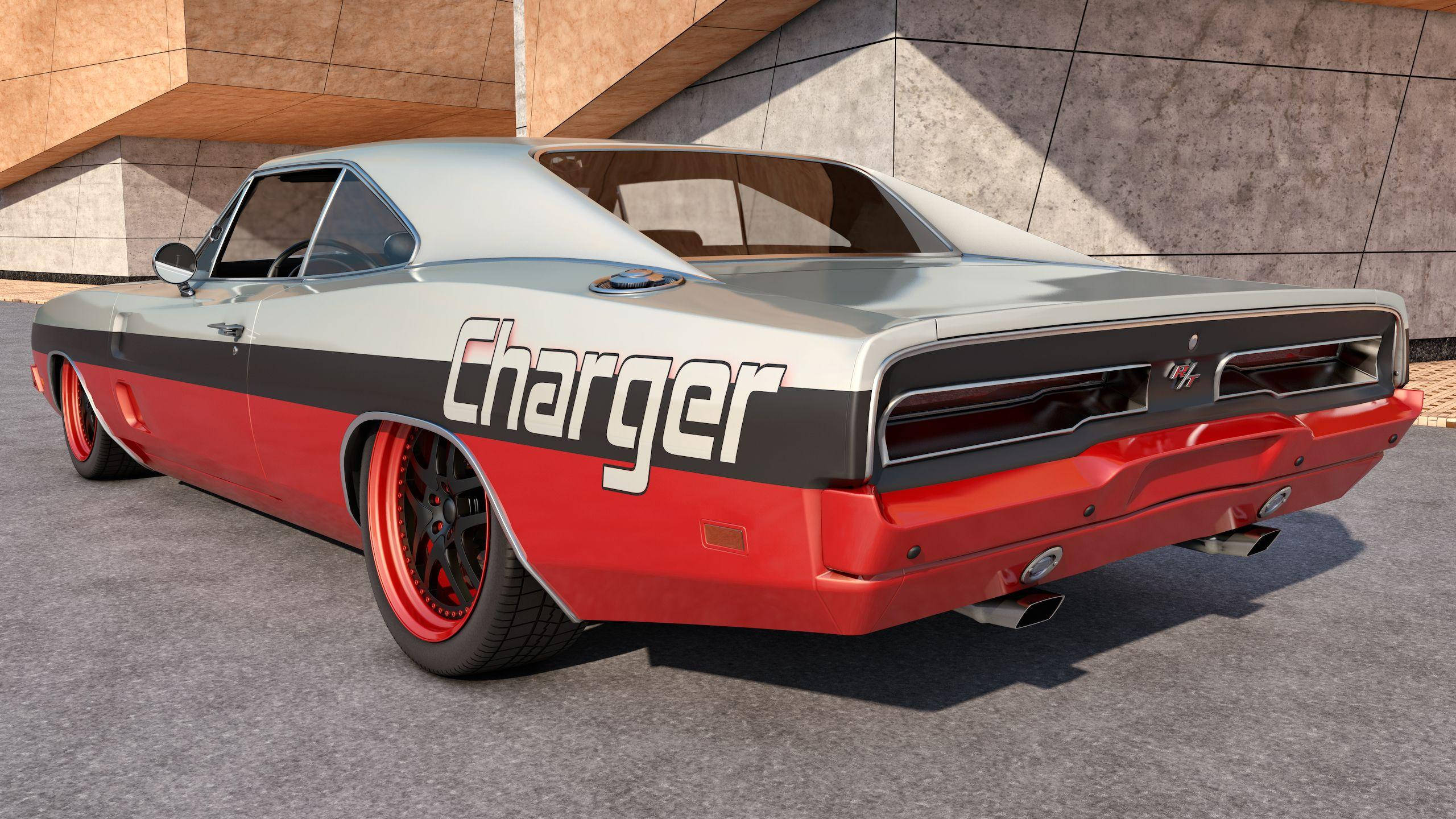 Charger 桌布 壁紙 — 一輛經典的紅色和銀色道奇Charger，側面有'Charger'字樣，停在現代混凝土建築前。