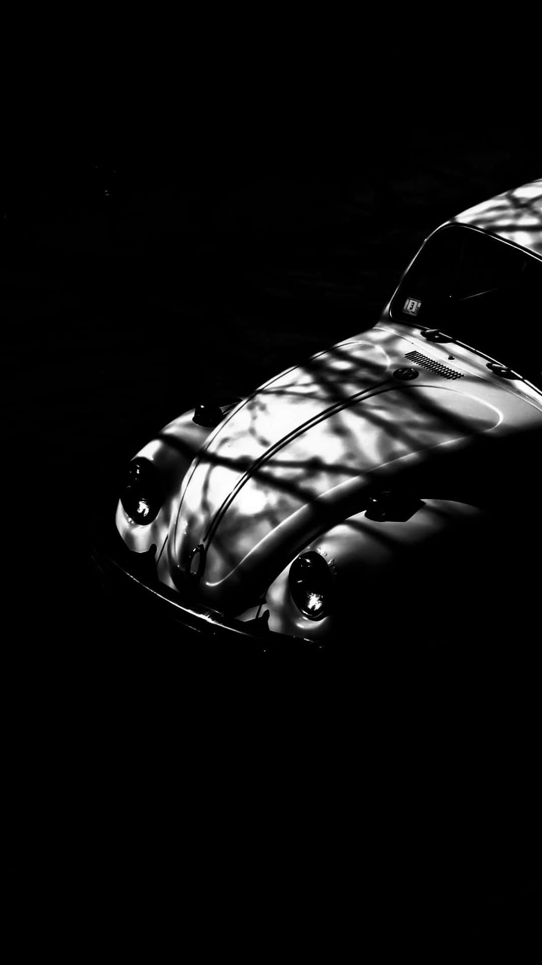 Black And White Car 桌布 壁紙 — 一輛經典福斯金龜車在鮮明的黑白對比中閃耀，其弧形引擎蓋上點綴著樹葉的影子，襯托著虛空。