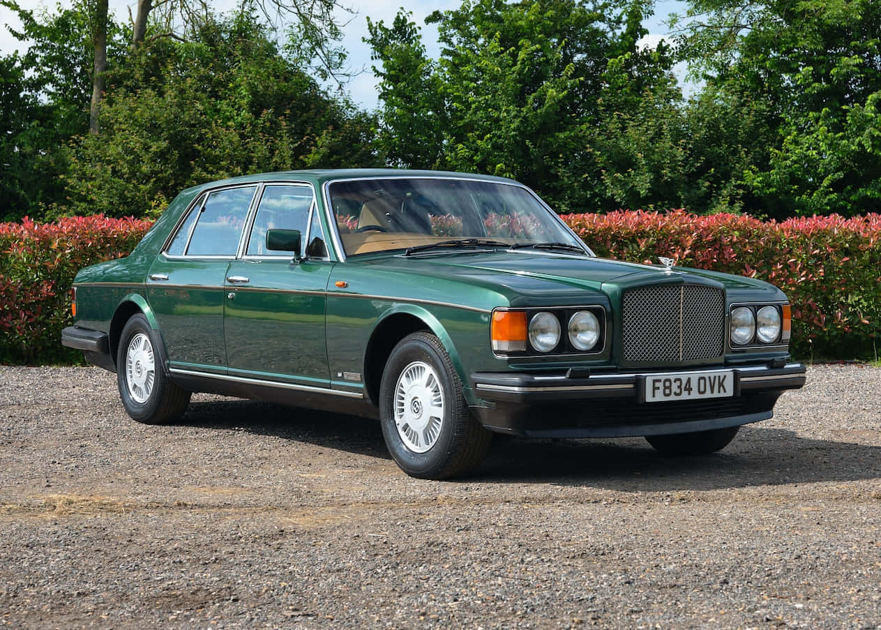 Bentley Eight 桌布 壁紙 — 一輛經典綠色賓利轎車在明亮日光下閃耀，停泊在碎石路上，旁邊是鮮紅的樹籬和茂密的綠樹。