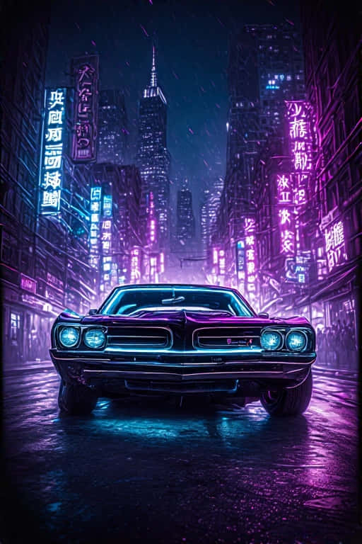 Classic Muscle Car in Futuristic Neon City Retro 4K 壁紙 — 一輛經典肌肉車在雨濕的城市街道上，在霓虹燈下閃閃發光。
