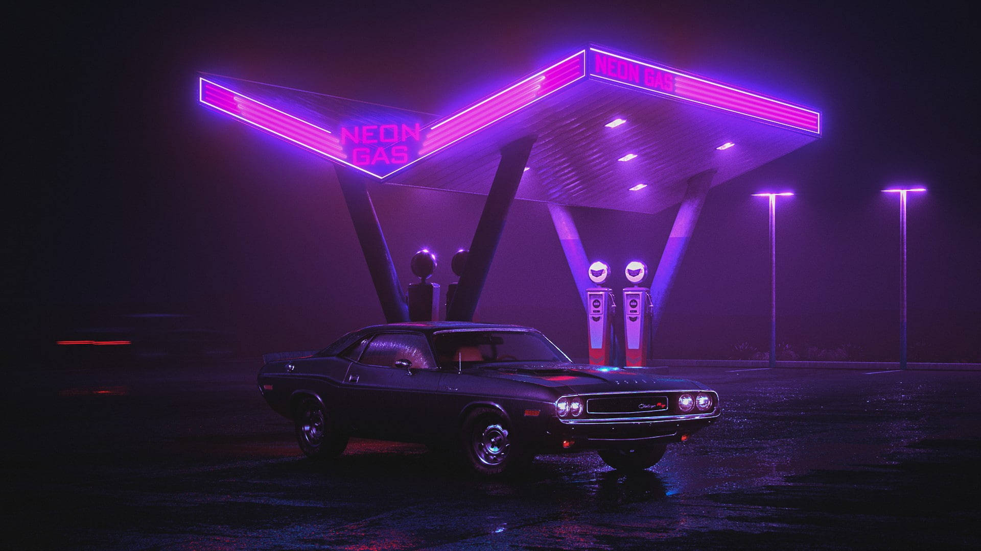 Dark Neon 桌布 壁紙 — 一輛經典肌肉車在霧夜中，在充滿活力的紫色霓虹燈加油站標誌下閃閃發光。