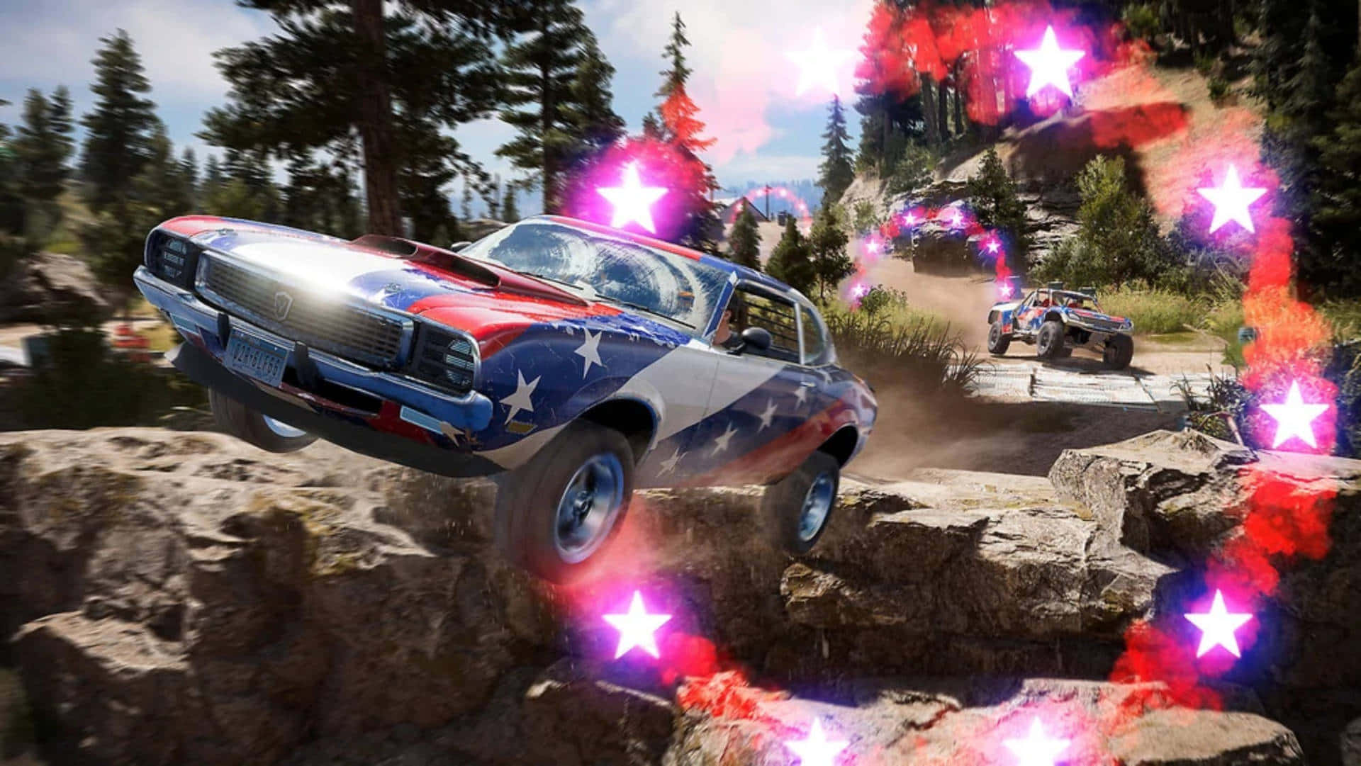 Best Far Cry 5 桌布 壁紙 — 一輛經典肌肉車帶有愛國星條旗塗裝，在岩石地形上飛馳，周圍有發光的粉紅色星星在電子遊戲場景中爆炸。