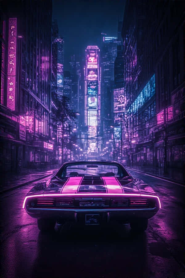 Retro 桌布 壁紙 — 一輛經典肌肉車帶有發光的粉紅色條紋，在夜晚行駛在一條被雨水浸濕、霓虹燈閃爍的賽博龐克城市街道上。