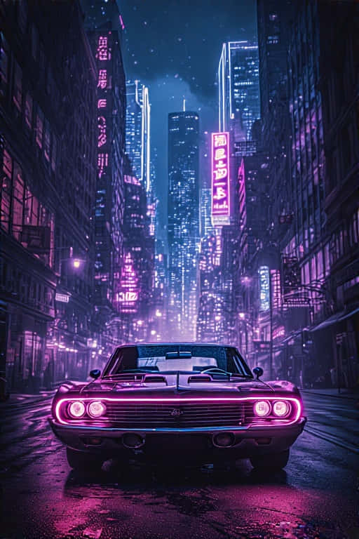 Classic Muscle Car in Futuristic Neon City Retro 4K 壁紙 — 一輛經典肌肉車帶著發光的粉紅色頭燈，在夜晚行駛在一條濕漉漉的霓虹燈光下的賽博龐克城市街道上。