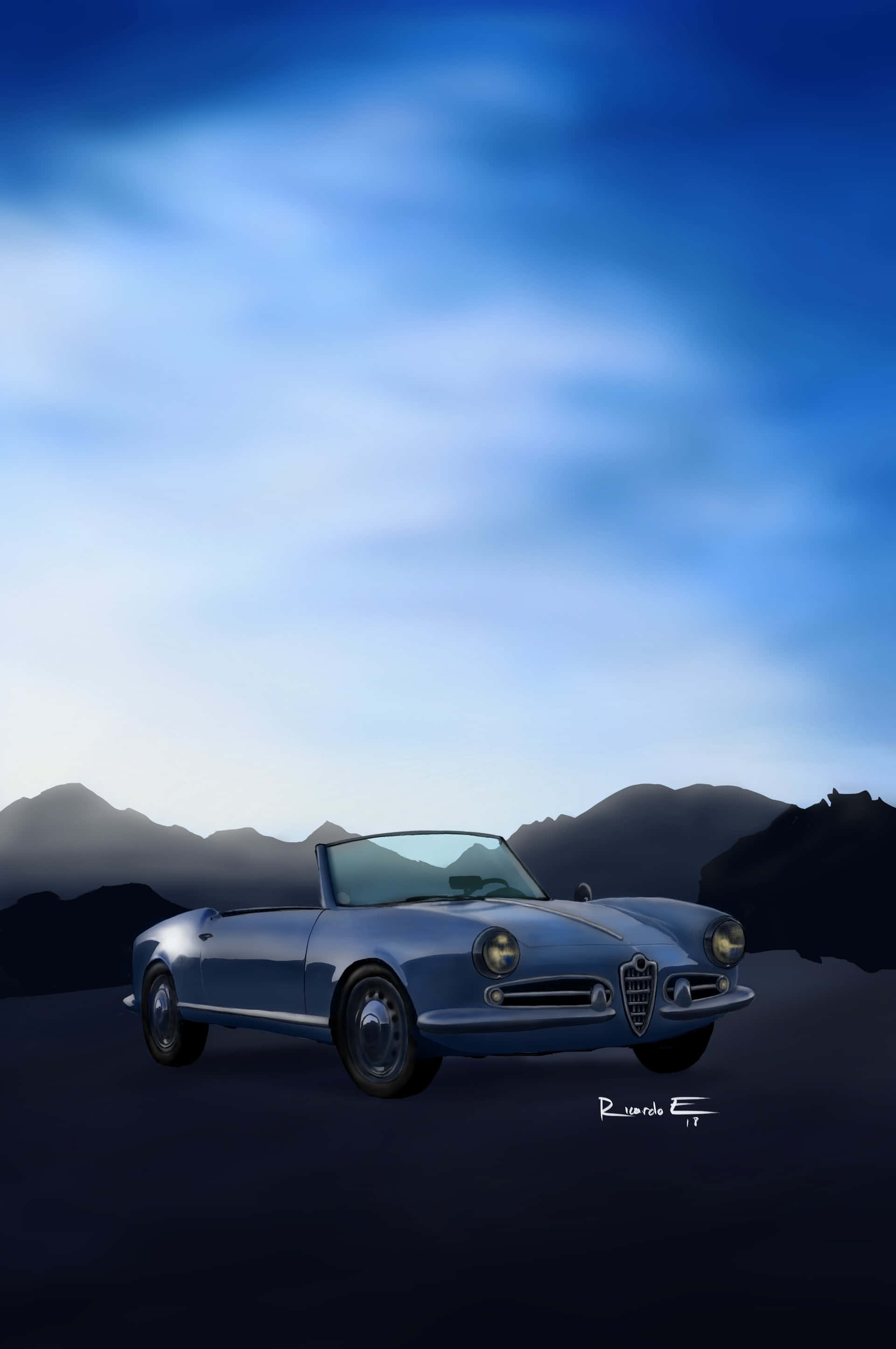Alfa Romeo Spider 桌布 壁紙 — 一輛經典藍色敞篷跑車停泊在黑暗的道路上，遠山在戲劇性的暮色天空下。