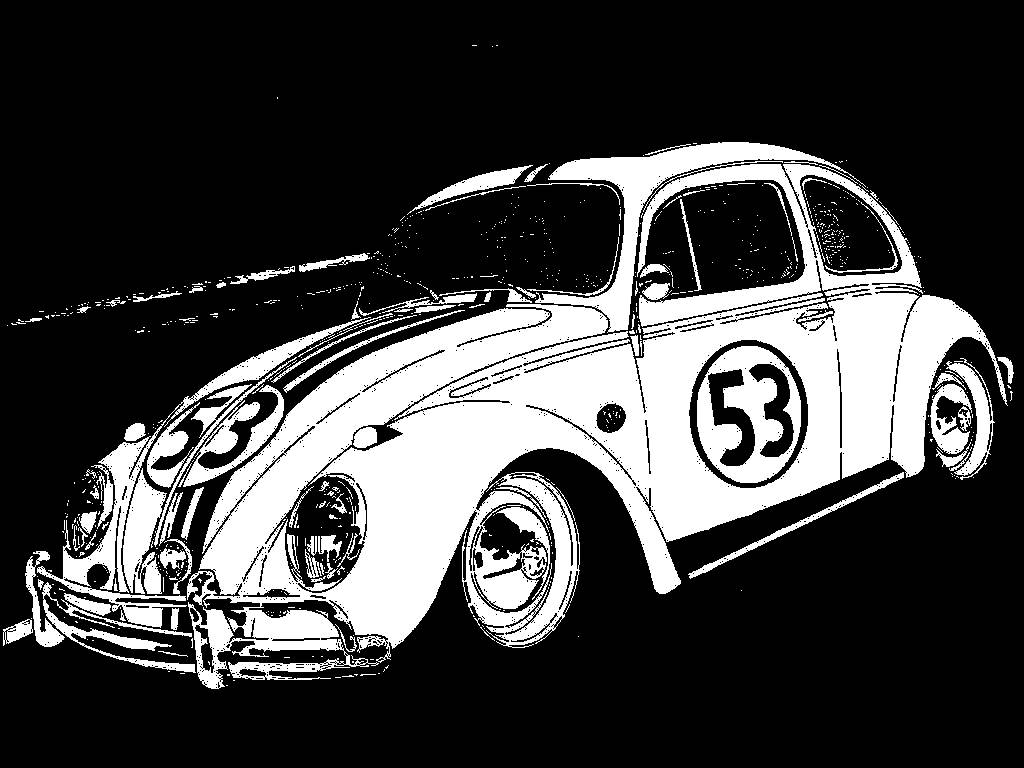Herbie 桌布 壁紙 — 一輛經典賽車，側面有53號，引擎蓋上有條紋，以粗體黑白線條藝術繪製在深色背景上。