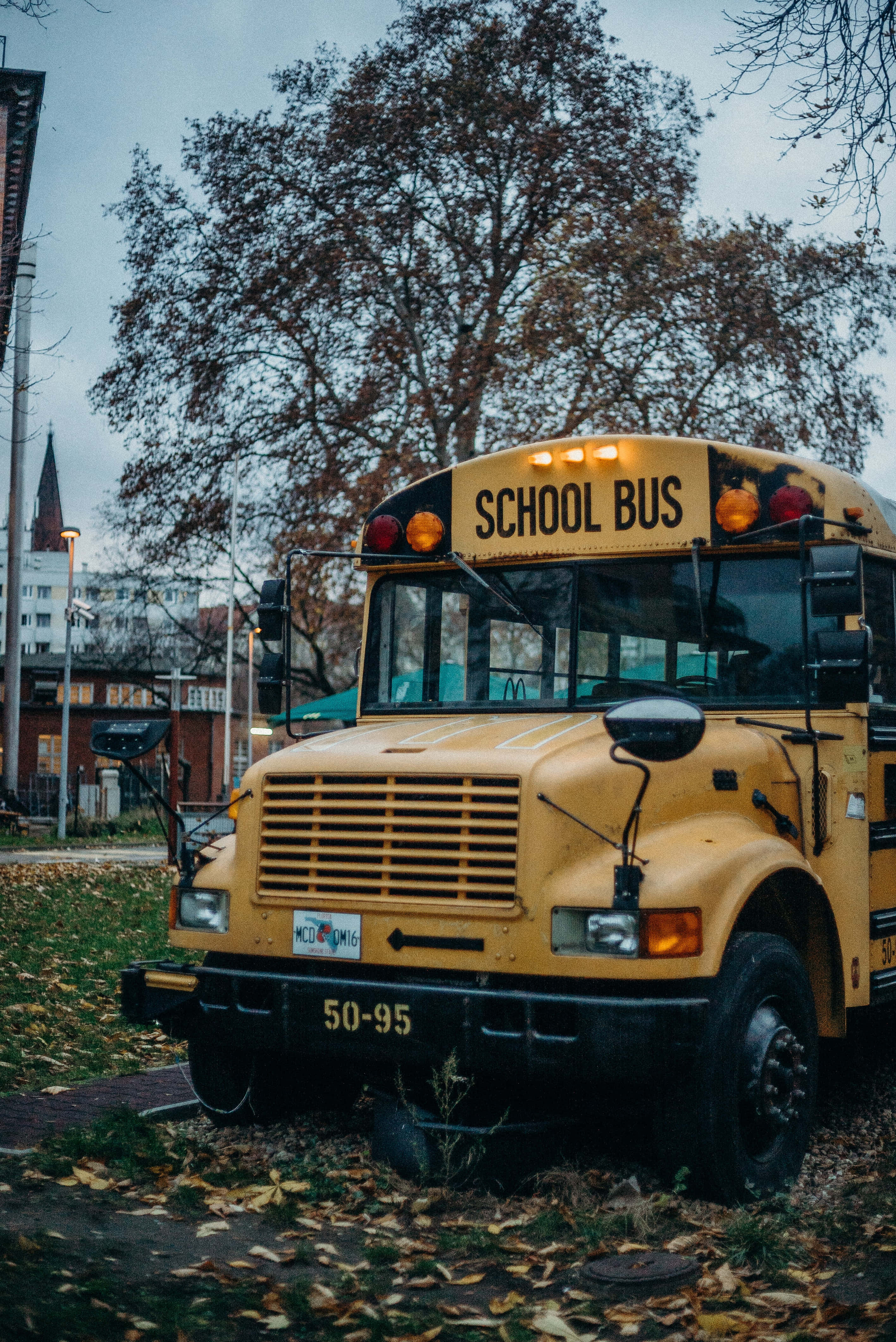 Bus 桌布 壁紙 — 一輛經典黃色校車停泊在落葉滿佈的人行道上，天空陰沉，背景有秋天的樹木。