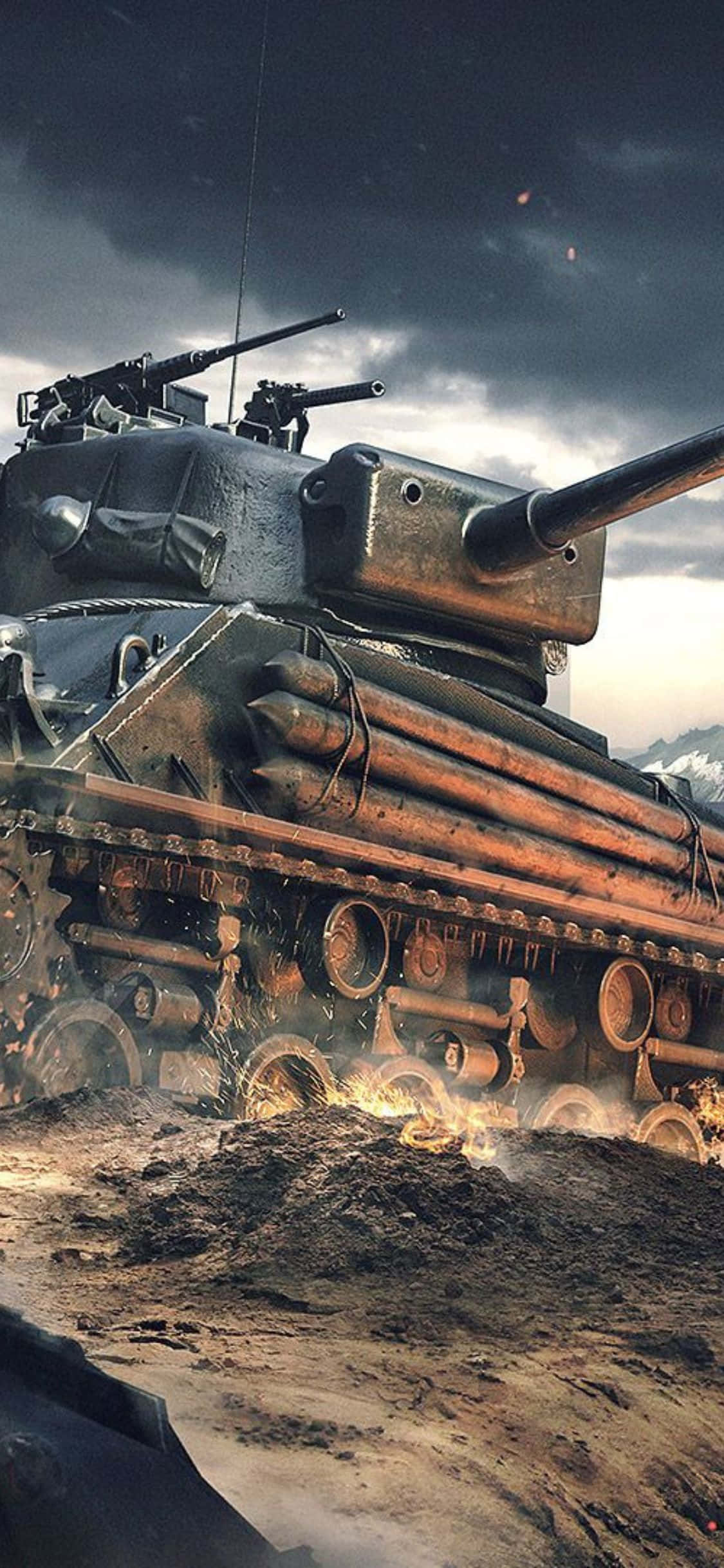iPhone Xs Tanks 桌布 壁紙 — 一輛經歷戰鬥的坦克在風暴天空下，穿越泥濘地形，遠山在望。