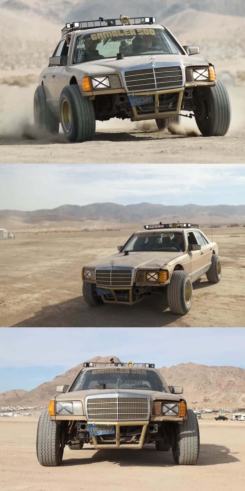 Off-road Car 桌布 壁紙 — 一輛經過大幅改裝的梅賽德斯-賓士越野車在廣闊的沙漠景觀中高速行駛，揚起陣陣塵土。