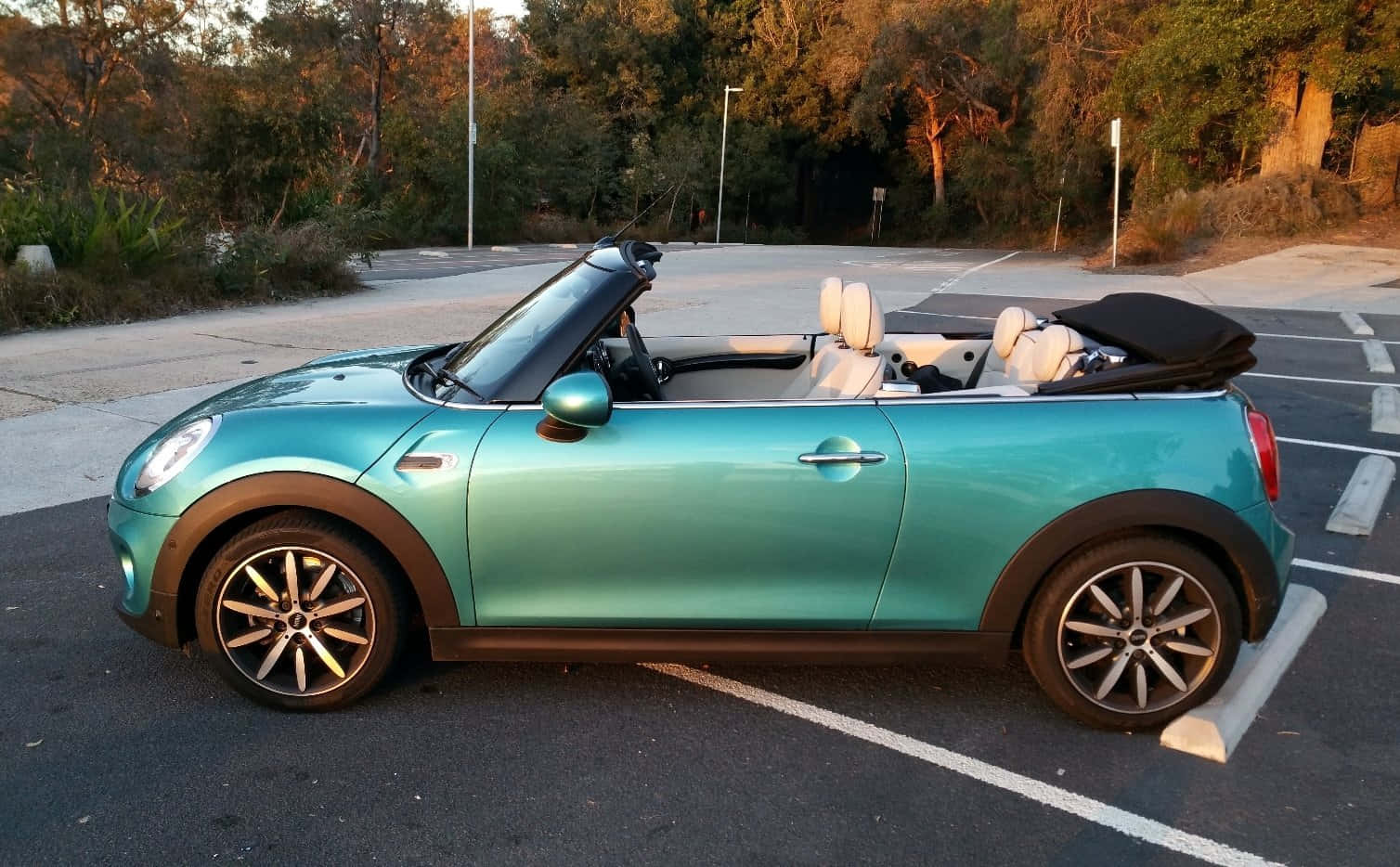 Mini Cooper Convertible 桌布 壁紙 — 一輛綠松色MINI Cooper敞篷車停放在陽光明媚的停車場，背景有樹木。