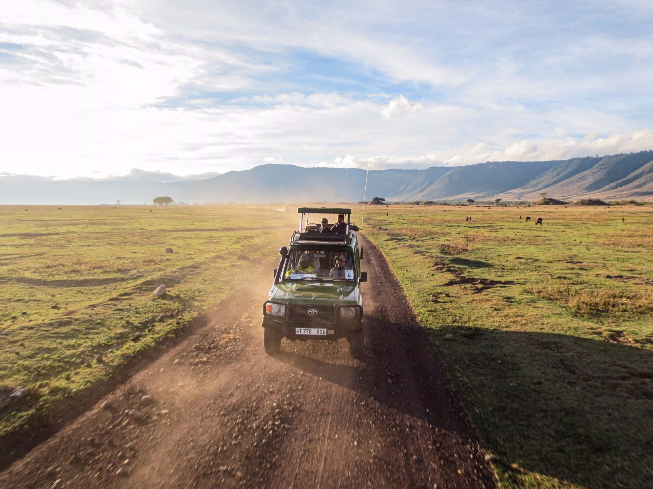 Tanzania 桌布 壁紙 — 一輛綠色 safari 吉普車在部分多雲的天空下，穿越廣闊的草原稀樹草原，揚起塵土，遠方有山脈。