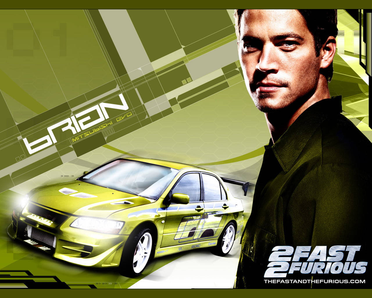 Paul Walker 桌布 壁紙 — 一輛綠色三菱Lancer Evo，帶有賽車貼紙，一個穿深色襯衫的男人，背景是幾何綠色圖案。
