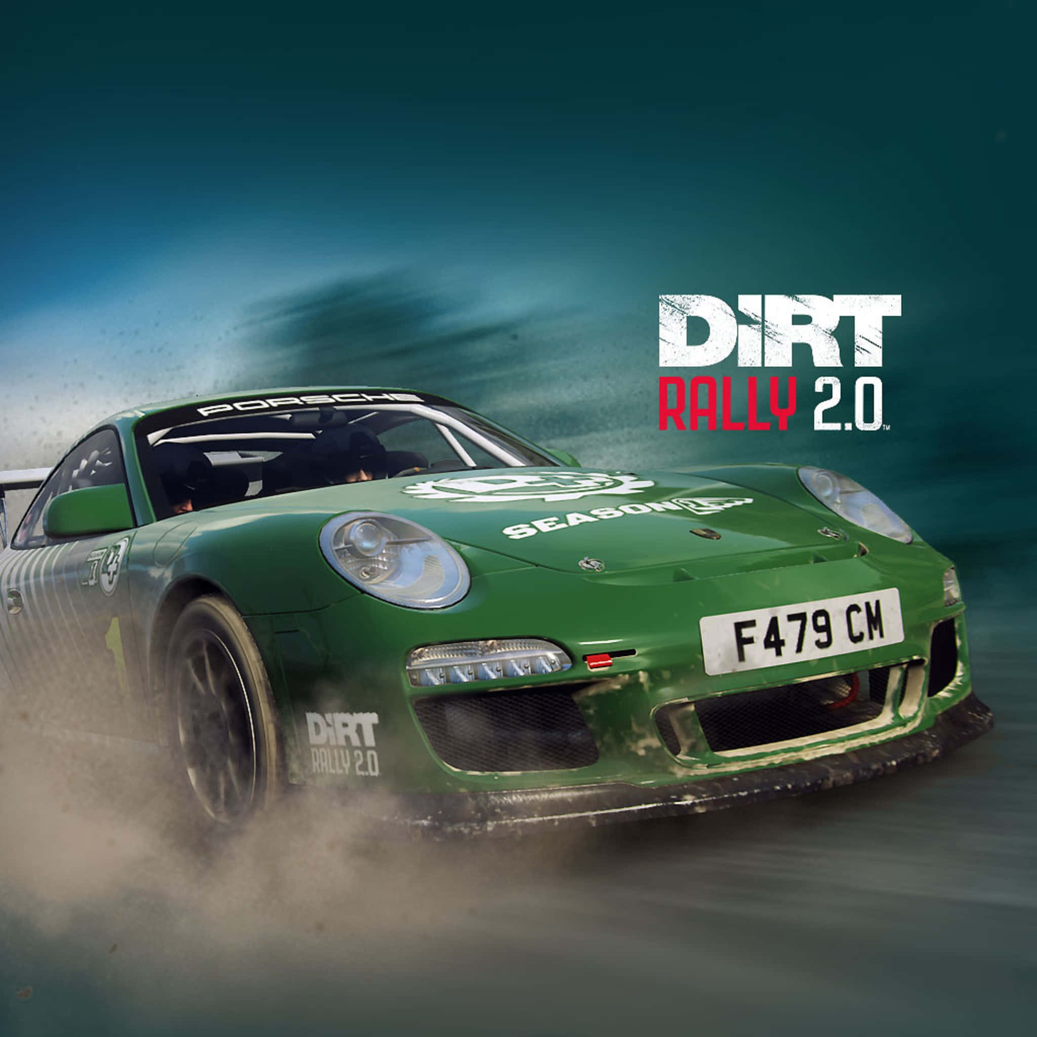 race car 桌布 壁紙 — 一輛綠色保時捷拉力賽車在塵土飛揚的模糊中疾馳，可見 'DIRT RALLY 2.0' 品牌標誌。