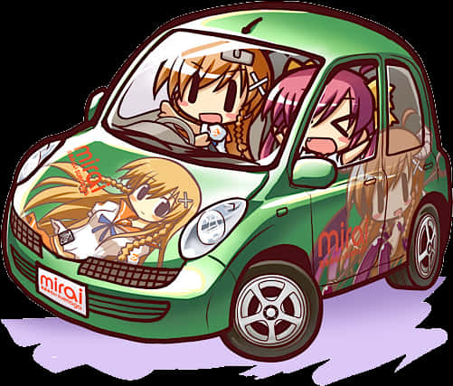 Anime Chibi 桌布 壁紙 — 一輛綠色卡通車，側面和內部繪有動漫女孩，在紫色雲狀表面上行駛。