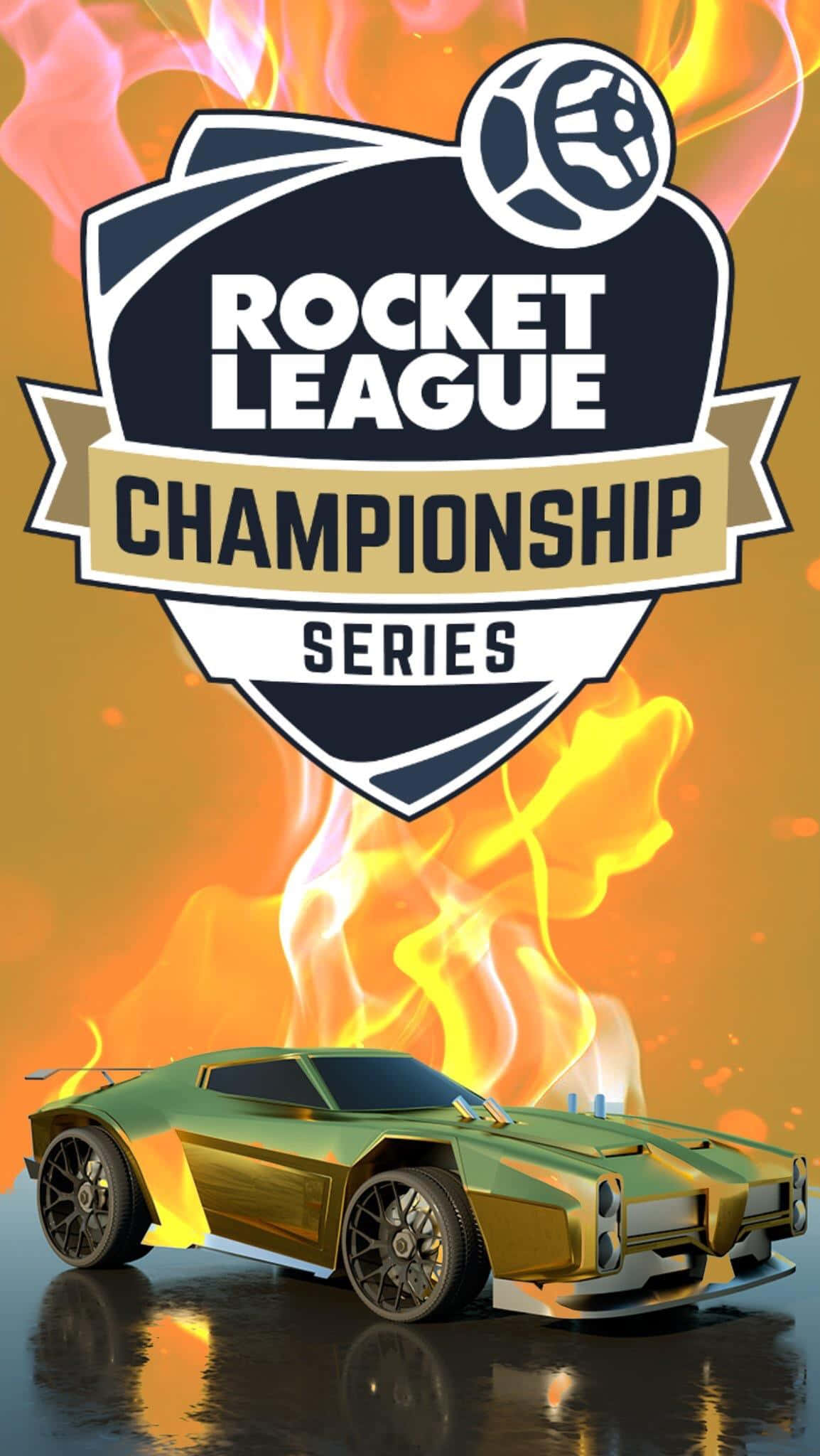 火箭聯盟 桌布 壁紙 — 一輛綠色和金色的Rocket League賽車，在冠軍標誌下從後方噴出火焰。