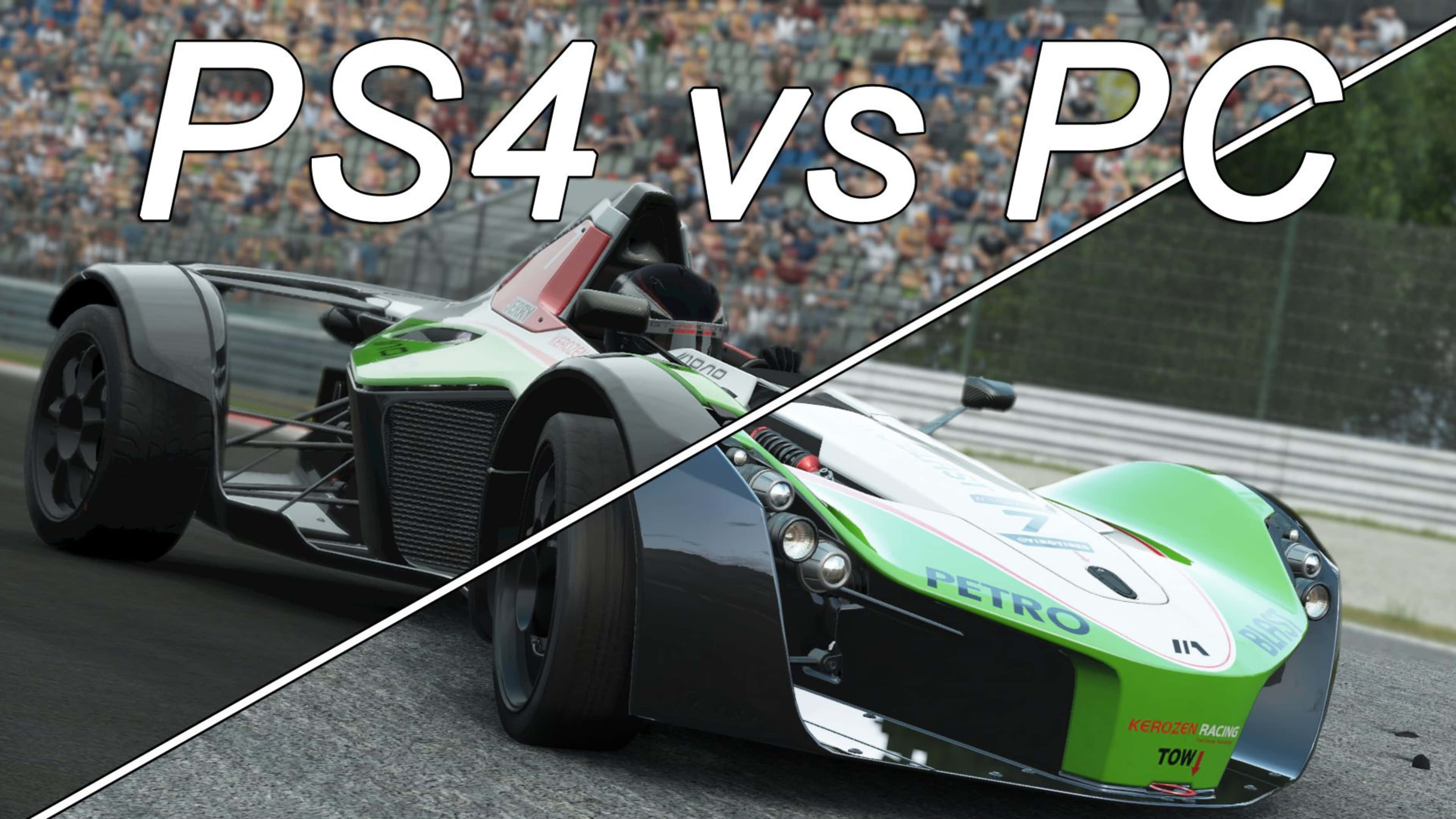 電玩遊戲 桌布 壁紙 — 一輛綠色和黑色的賽車對角線分割，帶有'PS4 vs PC'文字，在背景有觀眾的賽道上比賽。