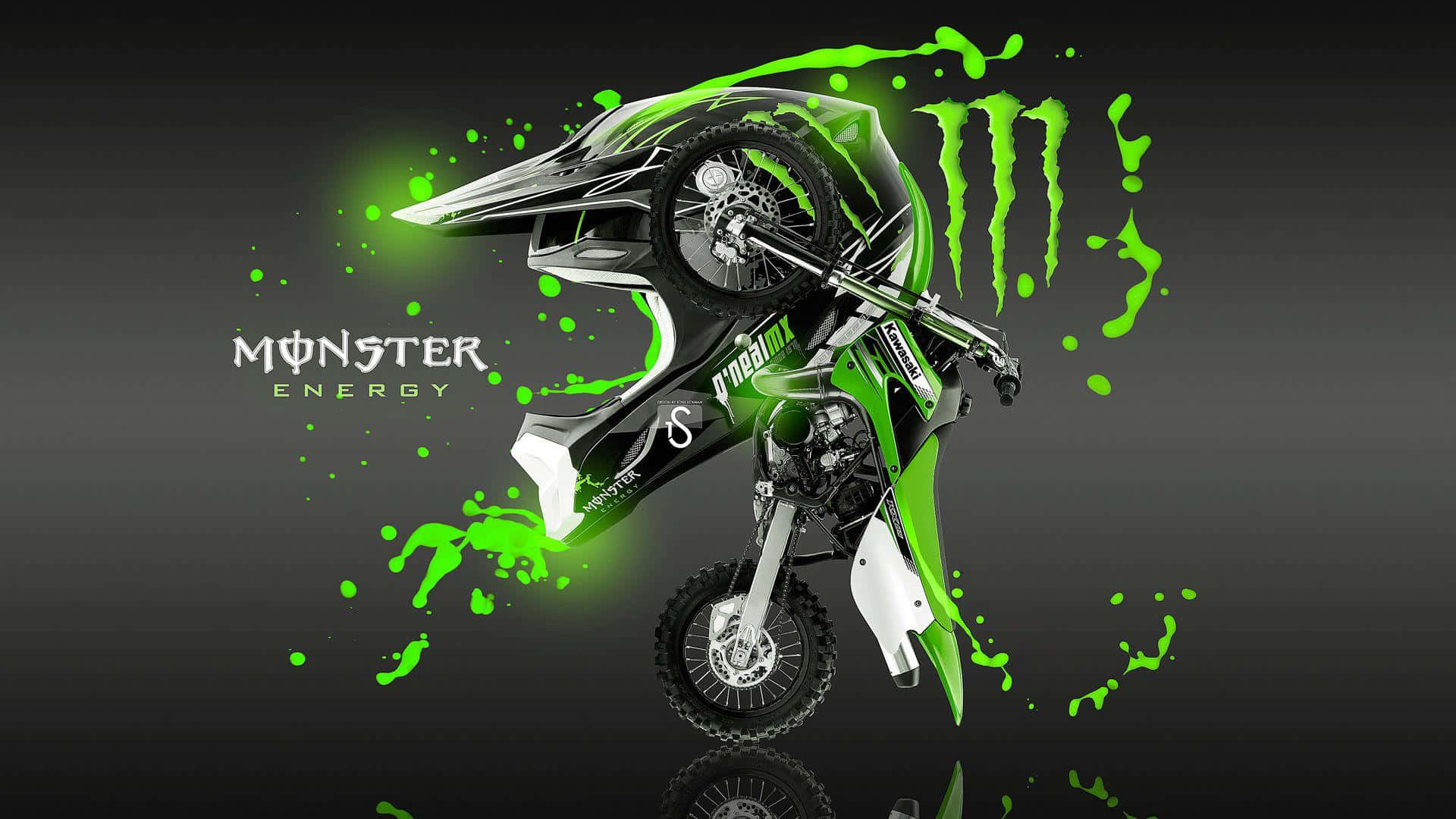 Monster Energy 桌布 壁紙 — 一輛綠色和黑色的越野摩托車在黑暗背景上做出前輪離地動作，帶有發光的綠色飛濺和Monster Energy品牌標誌。