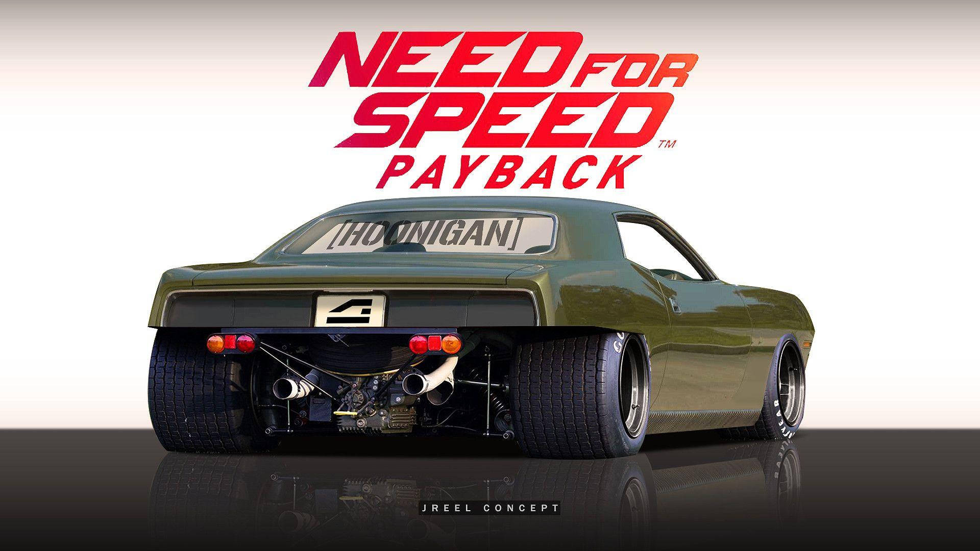 Payback 桌布 壁紙 — 一輛綠色改裝肌肉車，帶有外露引擎和 'Hoonigan' 貼紙，從後方看在 'Need for Speed Payback' 標誌下。