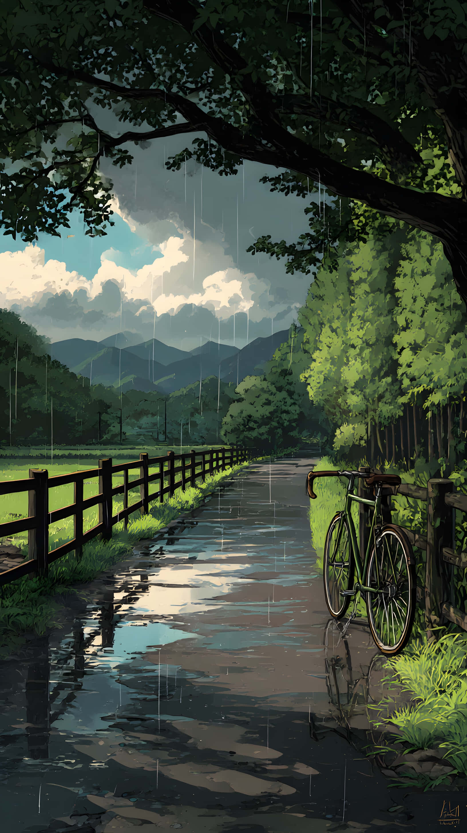 90 Anime Aesthetic 桌布 壁紙 — 一輛綠色腳踏車靠著籬笆，旁邊是雨濕的鄉間小路，樹蔭下，遠處有山巒。