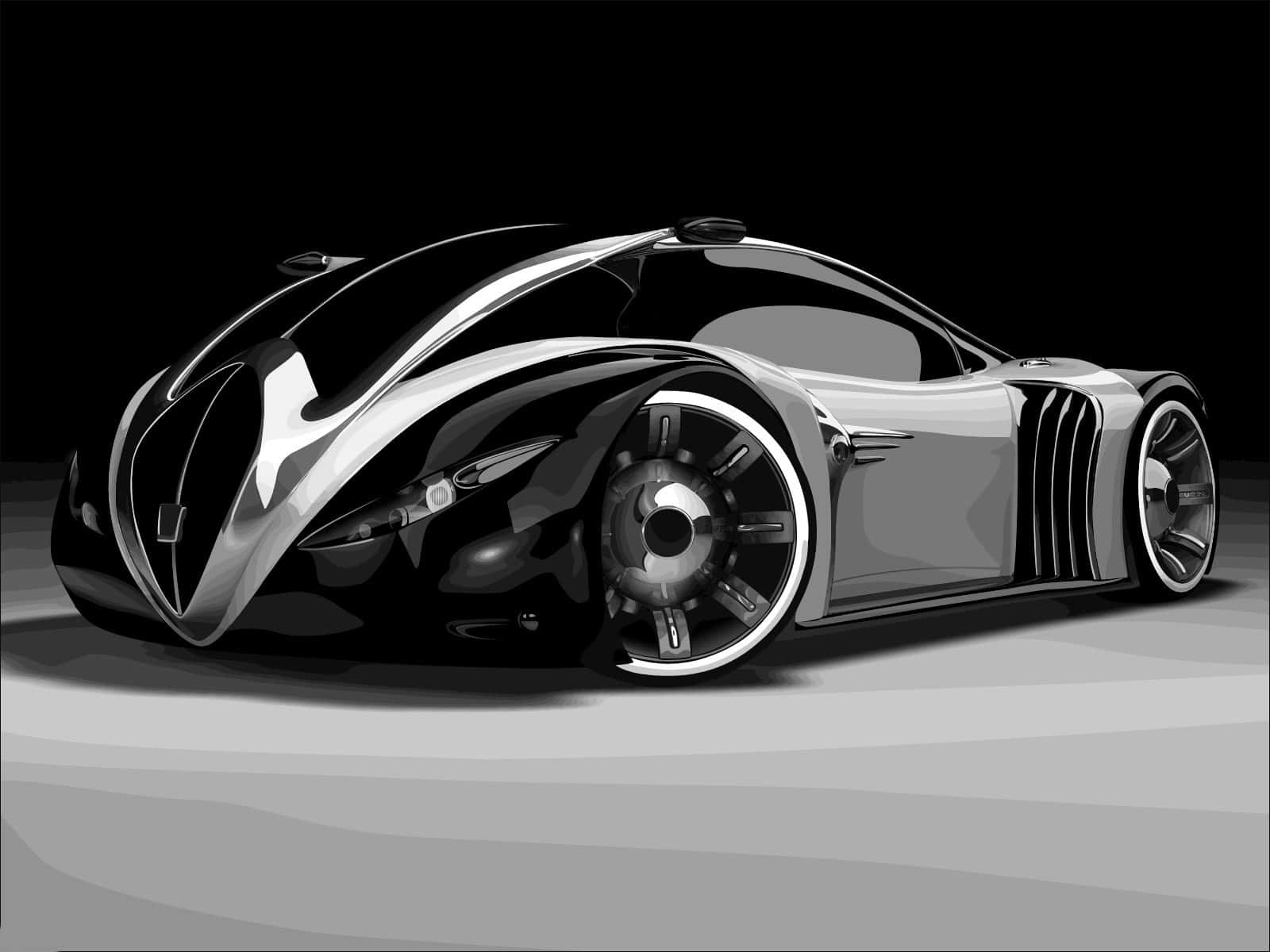Car Design 桌布 壁紙 — 一輛線條流暢的未來主義跑車，帶有光澤曲線和精緻車輪，在純黑背景上閃耀。