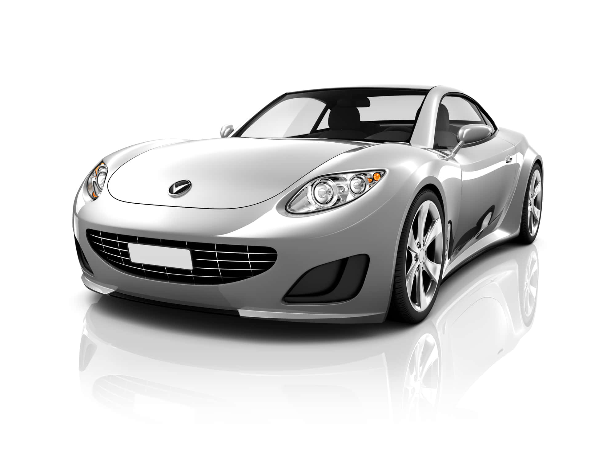 Sports White Car 壁紙 — 一輛線條流暢的銀色跑車，帶有反光表面和黑色飾邊，展示在光亮的白色工作室地板上。