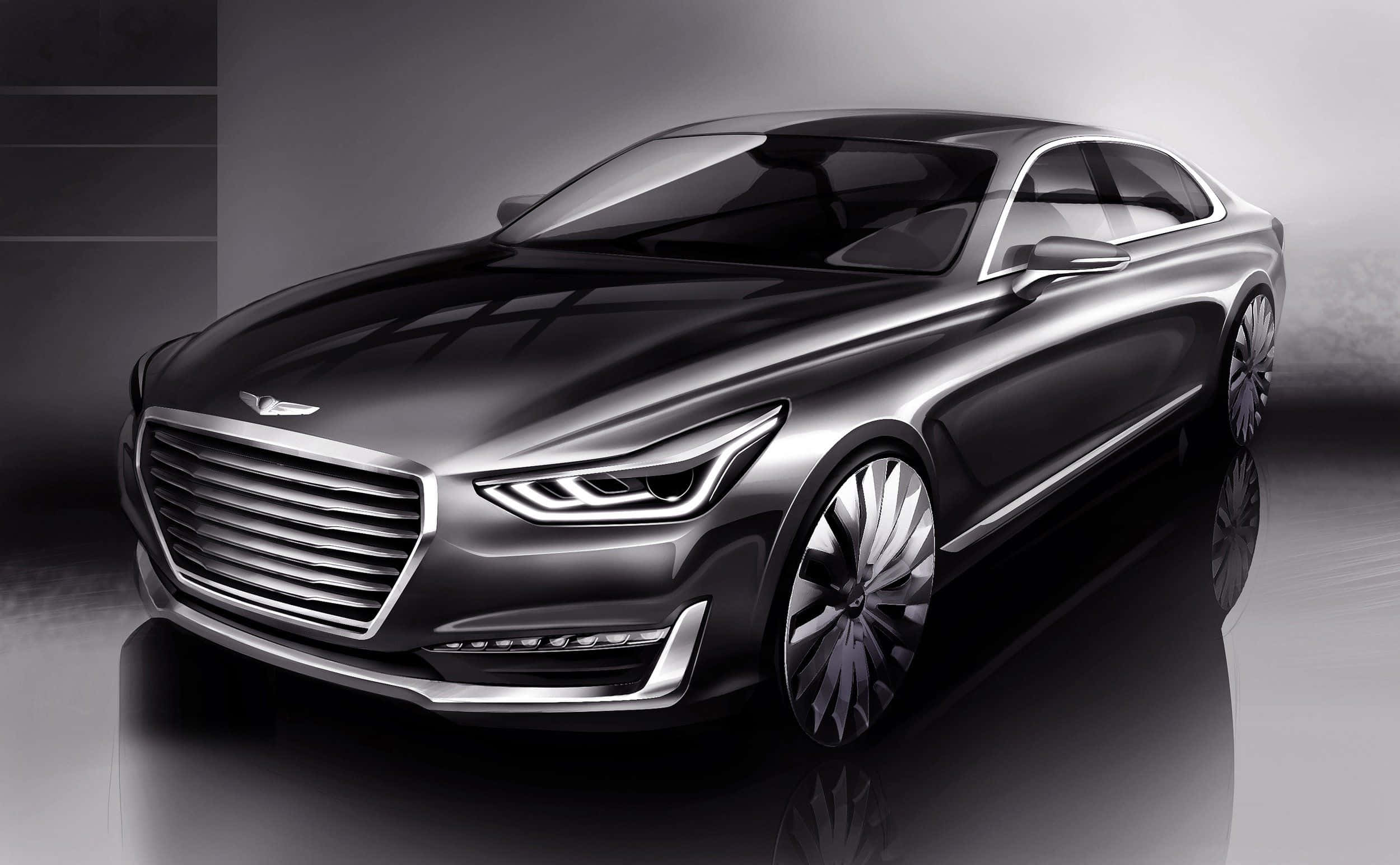 Hyundai Equus 桌布 壁紙 — 一輛線條銳利、車頭燈發光的時尚未來感銀色轎車，在極簡主義的攝影棚環境中展示。