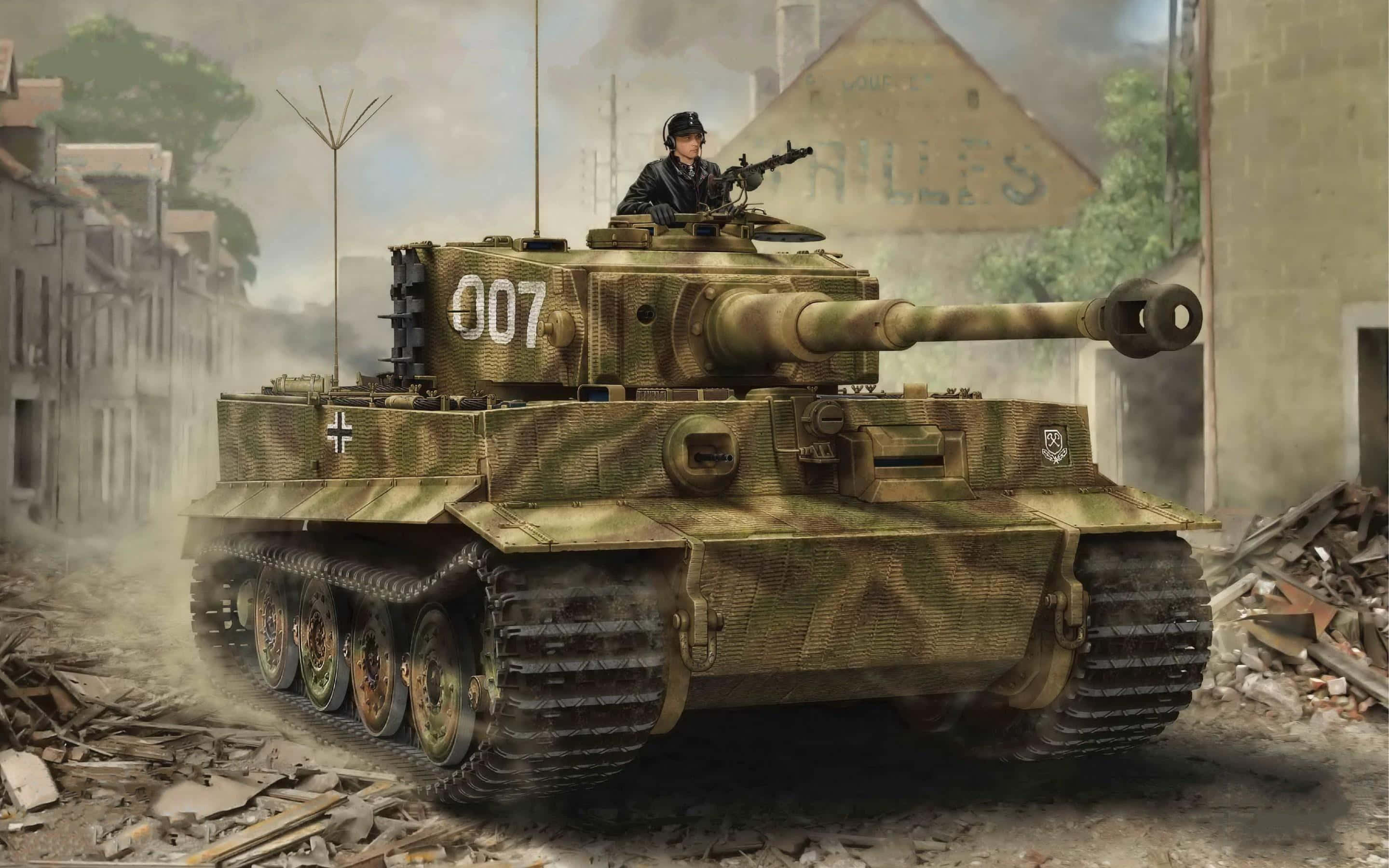Call Of Duty Vehicles 桌布 壁紙 — 一輛編號007的德國虎式坦克駛過戰火摧殘的歐洲街道，一名士兵從砲塔瞄準他的機槍。