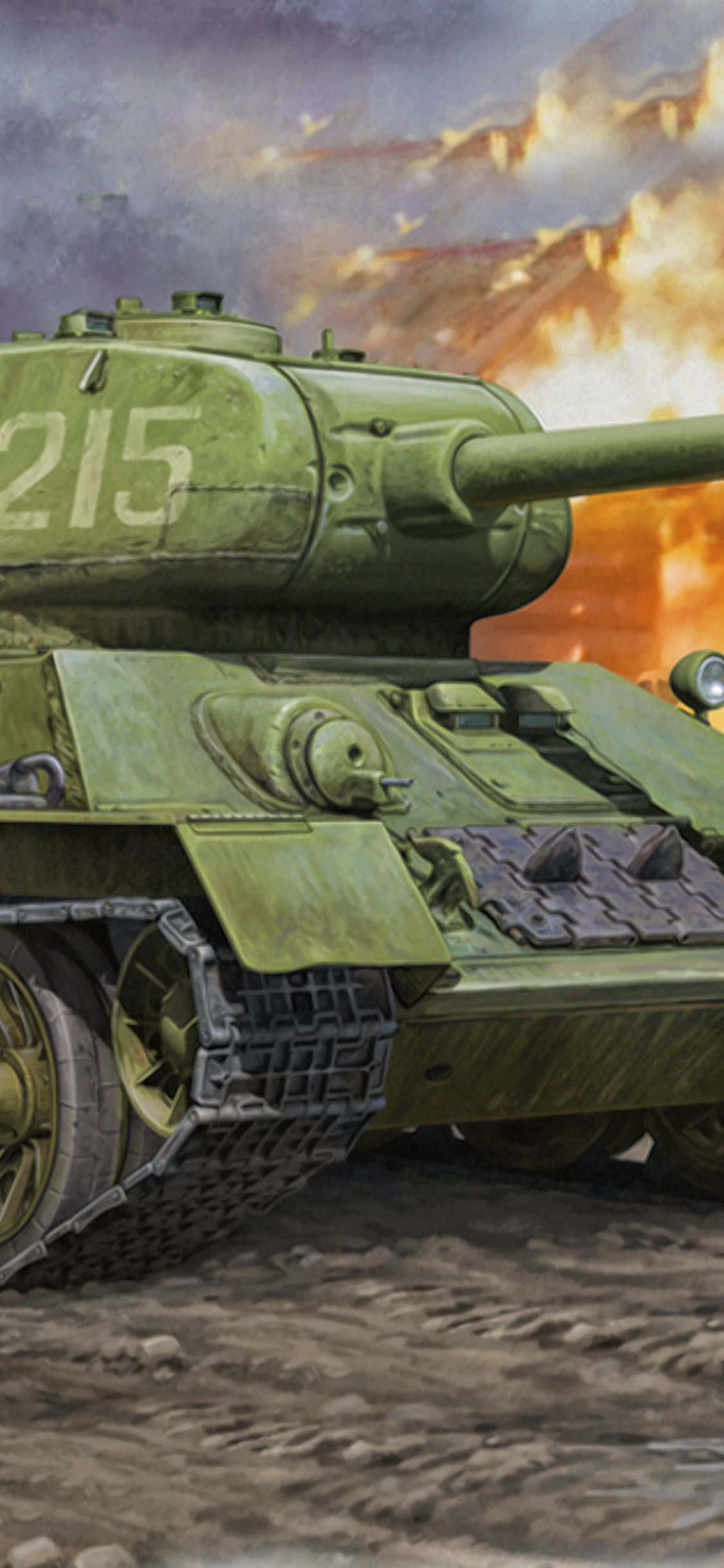 iPhone Xs Tanks 桌布 壁紙 — 一輛編號215的綠色軍用坦克在泥濘地形中前進，背後在暴風雨的天空下發生猛烈爆炸。