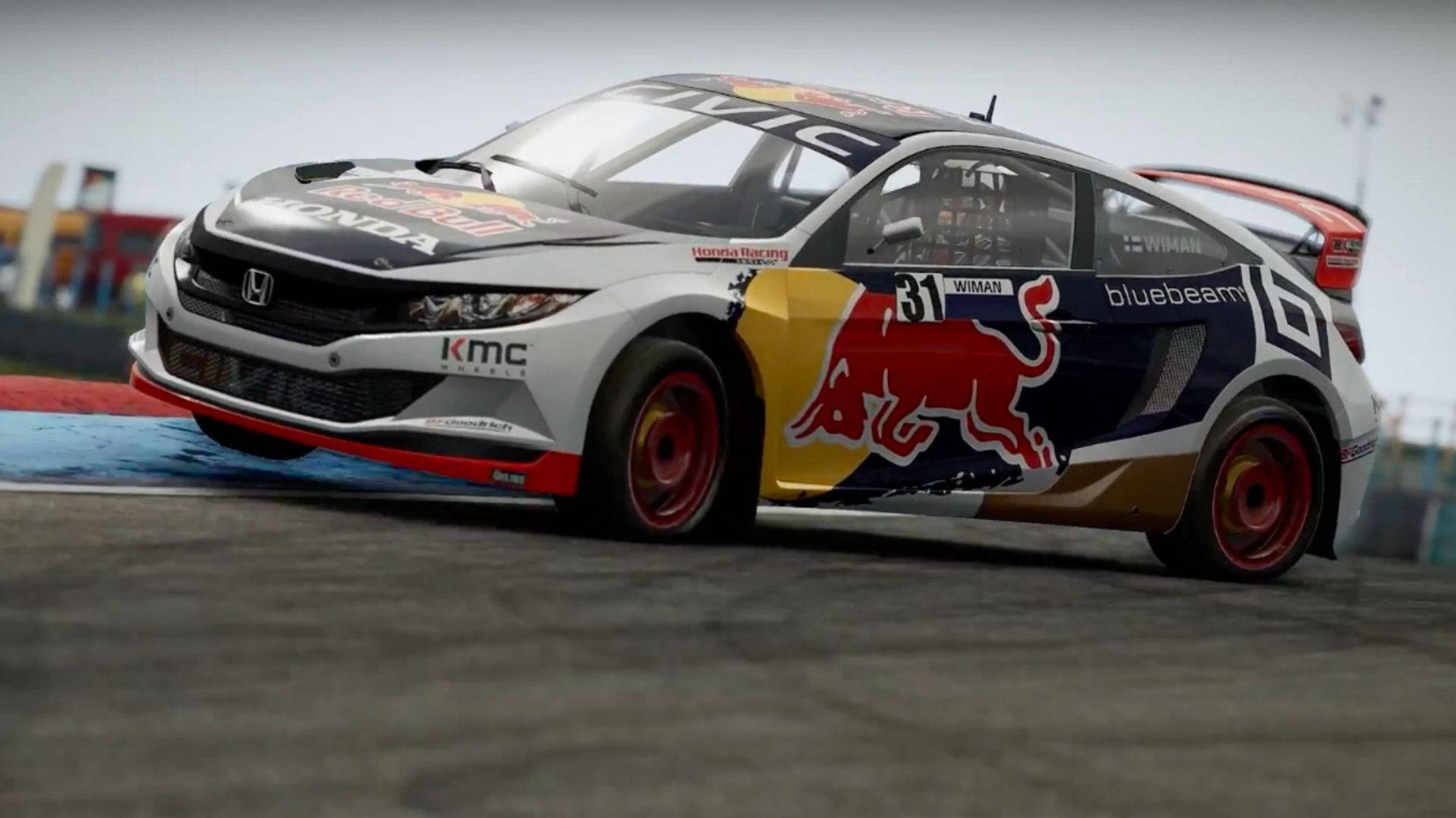 cars 桌布 壁紙 — 一輛編號31的Red Bull Honda賽車在多雲天空下於潮濕賽道上高速過彎。