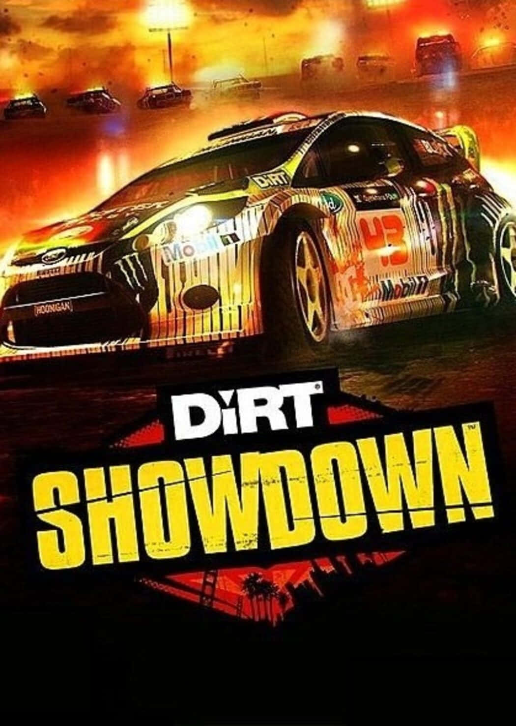 Best Dirt Showdown 桌布 壁紙 — 一輛編號43的拉力賽車在熾熱的橙色天空下，於夜間賽道上飛馳。