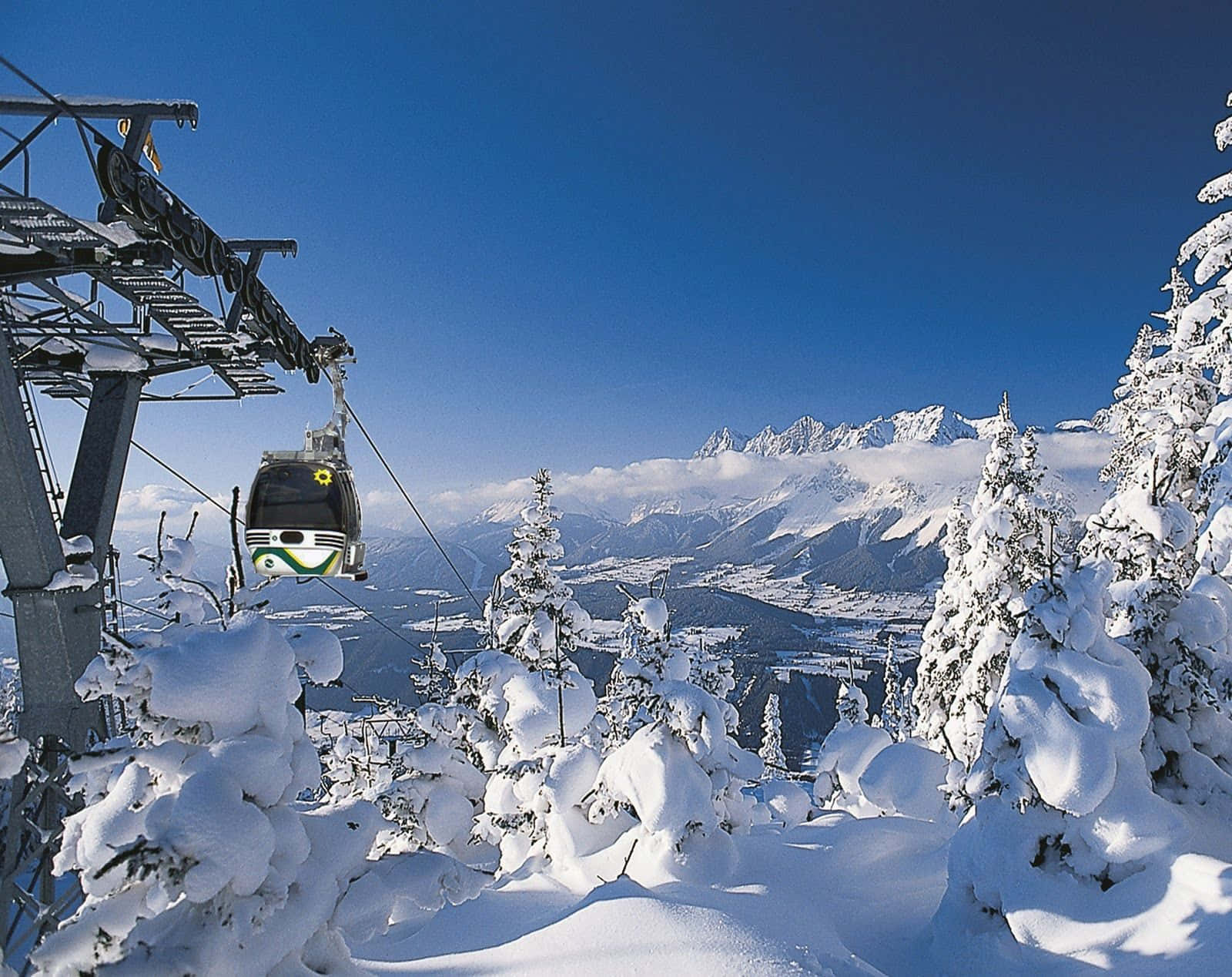 Ski Mountain 桌布 壁紙 — 一輛纜車在積雪的松樹上方滑行，背景是晴朗藍天下雄偉的雪山。