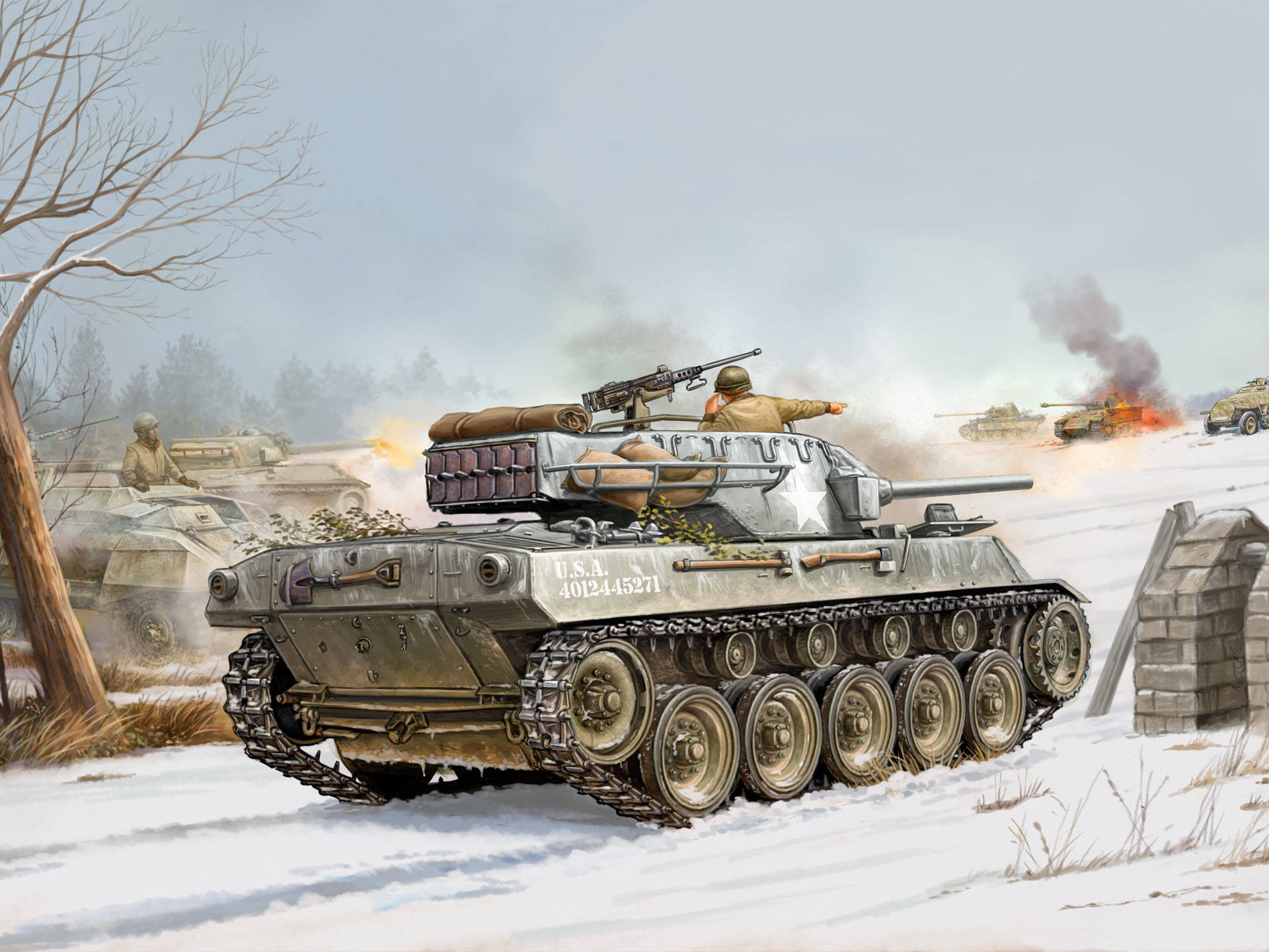 Tanks 桌布 壁紙 — 一輛美軍坦克在雪地地形中推進，士兵開火，遠處戰鬥升起濃煙。