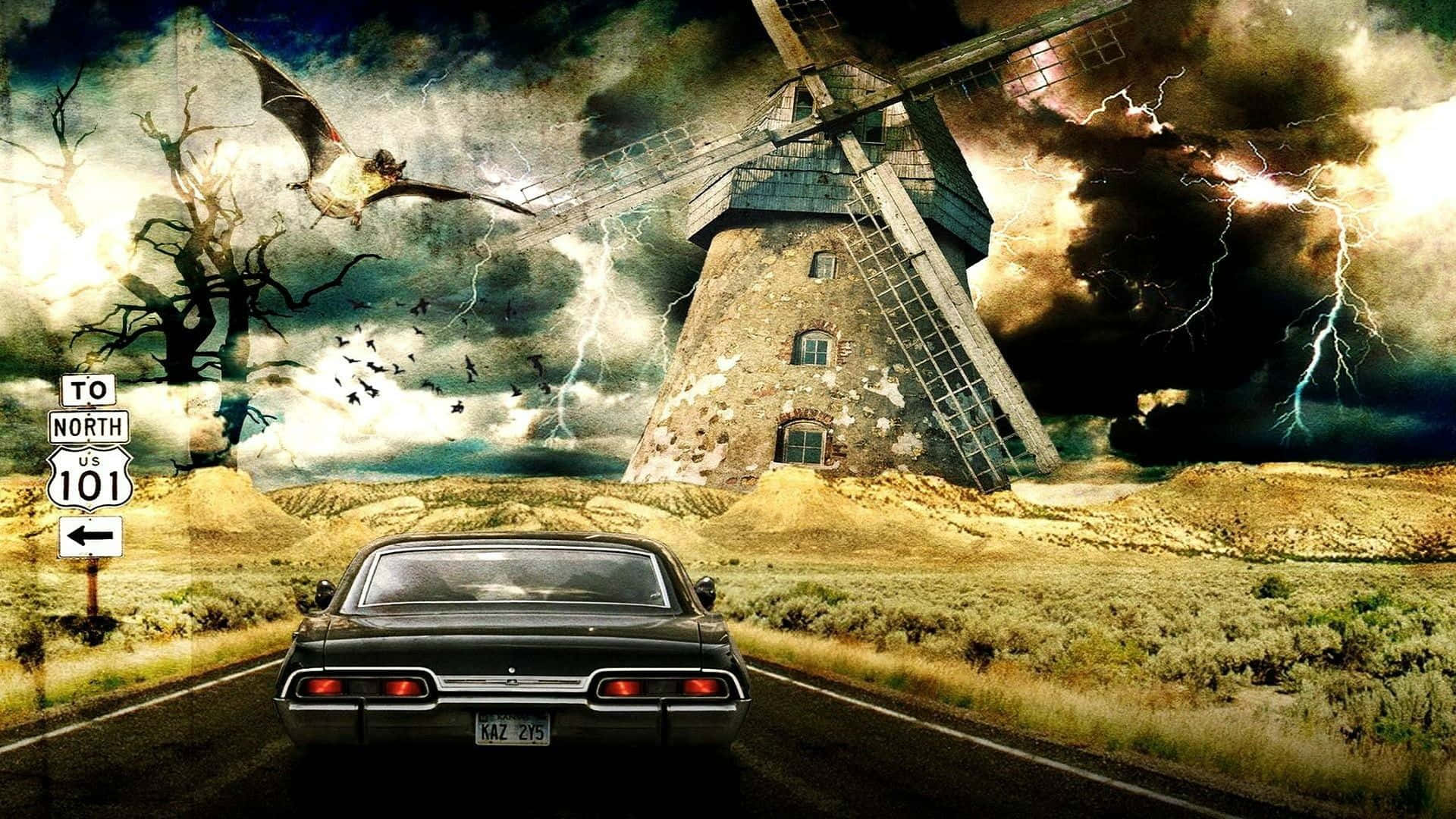 Alternative Art 桌布 壁紙 — 一輛老爺車駛向暴風雨的天空，旁邊有傾斜的風車和蝙蝠在枯樹附近飛翔。